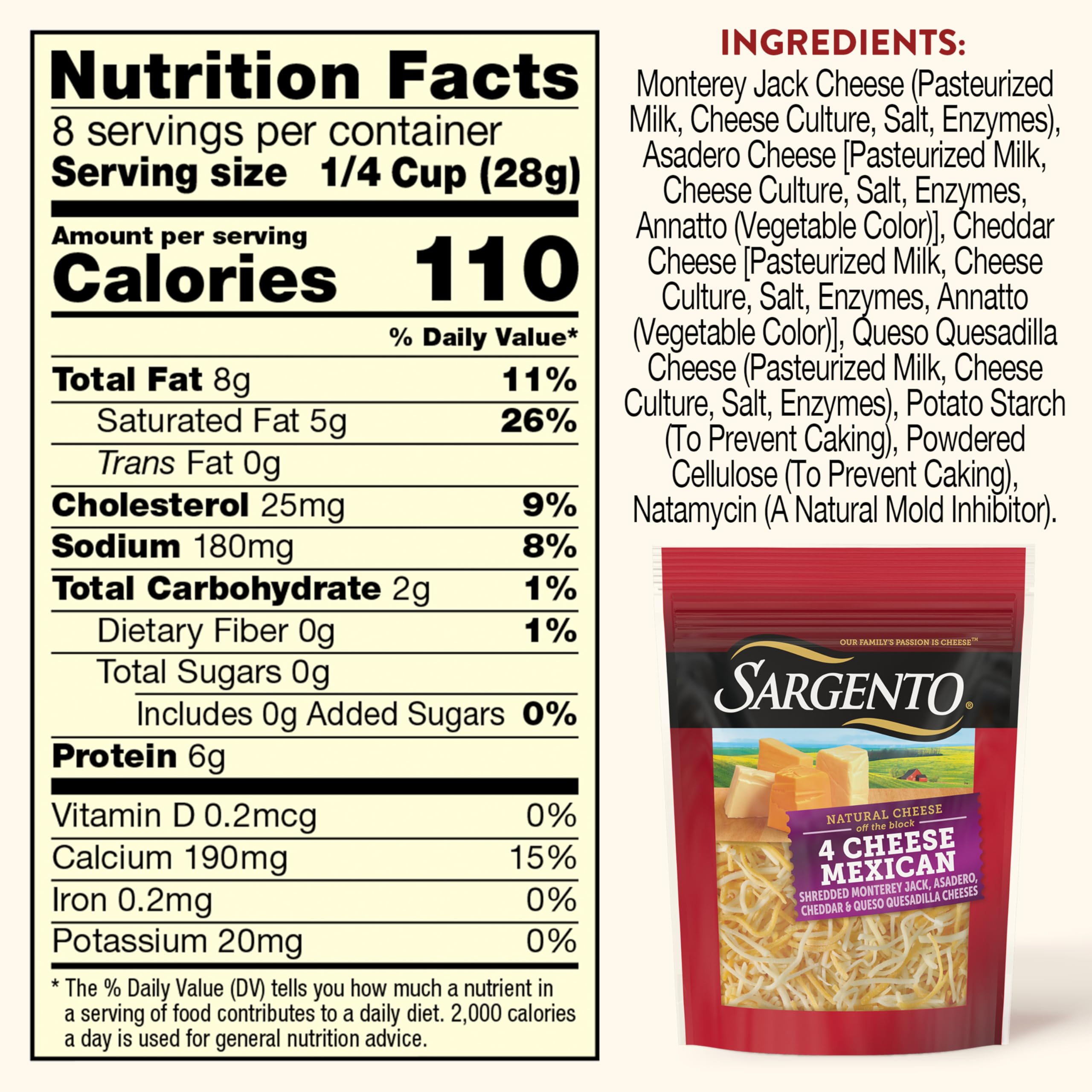 Sargento Shredded 4 Cheese Mexican Blend Natural Cheese, Fine Cut, 8 oz - Perfect for Tacos, Nachos, Quesadillas & Mexican Recipes