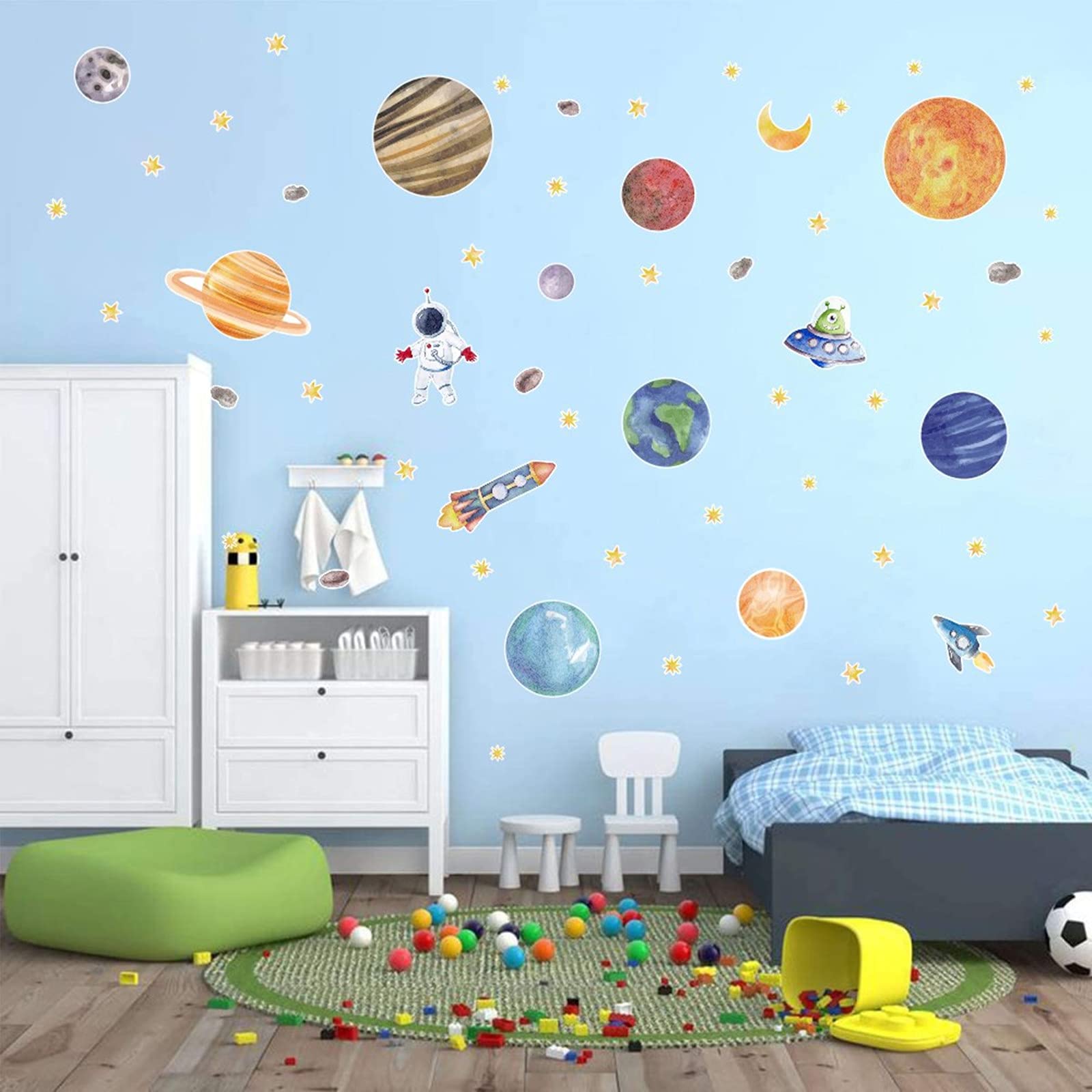 Solar System Wall Stickers for Kids Room - Space Themed Peel & Stick Wall Decals with Planets, Rockets & Astronauts - Perfect for Bedroom, Classroom, Playroom & Teen Girl's Room Decor - Easy DIY Space Art for Learning & Fun
