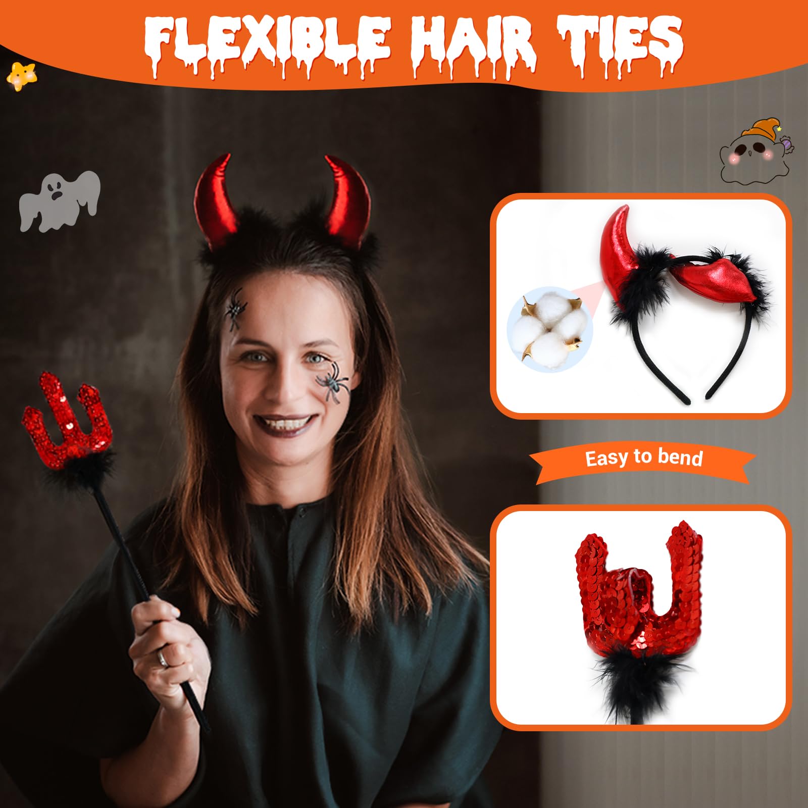 ROSAUI Devil Horns Headband & Sequin Pitchfork Trident Set - Classic Red & Black Halloween Costume Accessories for Adults (Men & Women) | Perfect for Halloween Parties, Cosplay & Carnival Events