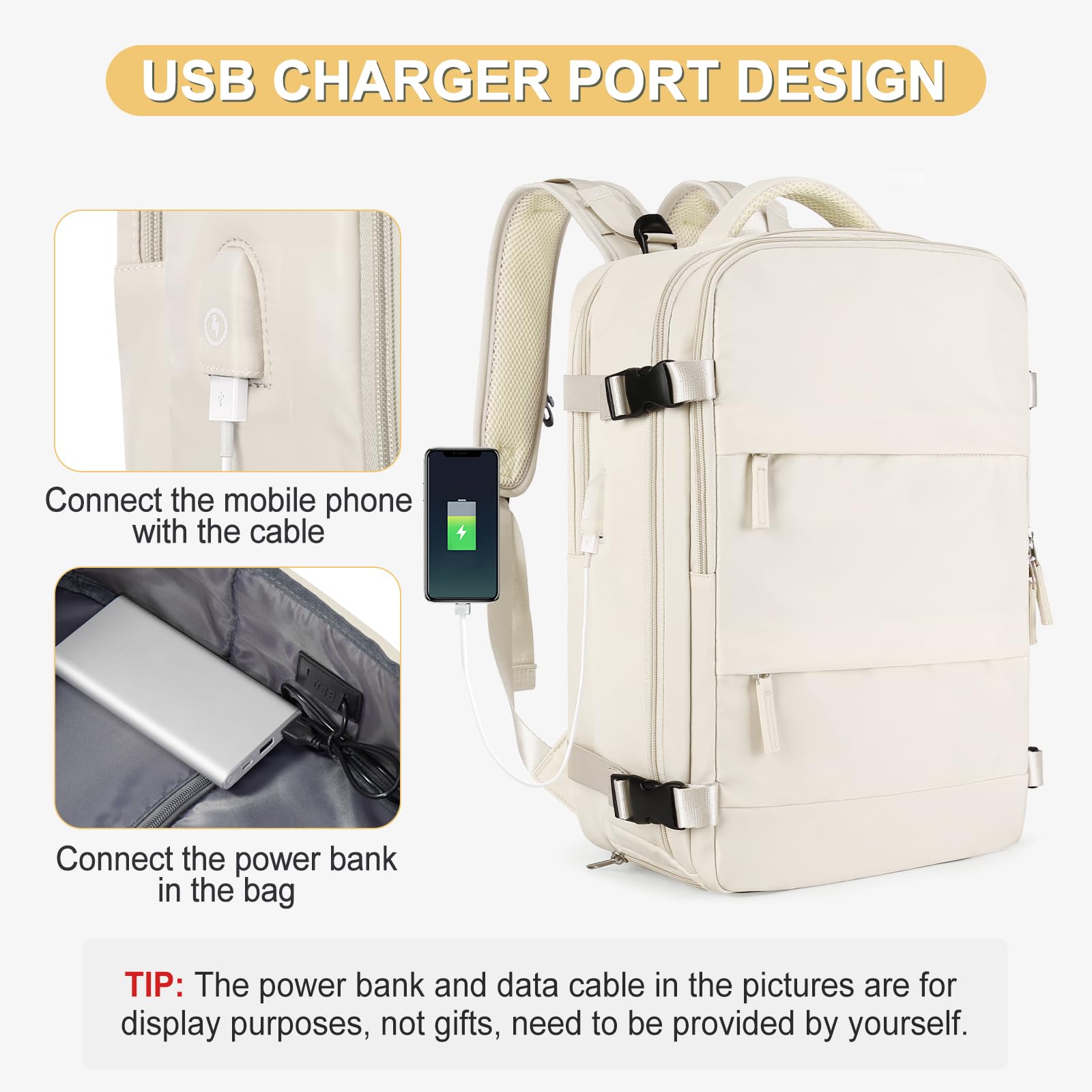 Coofay Beige Travel Backpack for Women & Men - Airline Approved Carry-On Personal Item, Waterproof Weekender Bag for Airplane Travel | Perfect for Business Trips, Weekend Getaways & Commuting