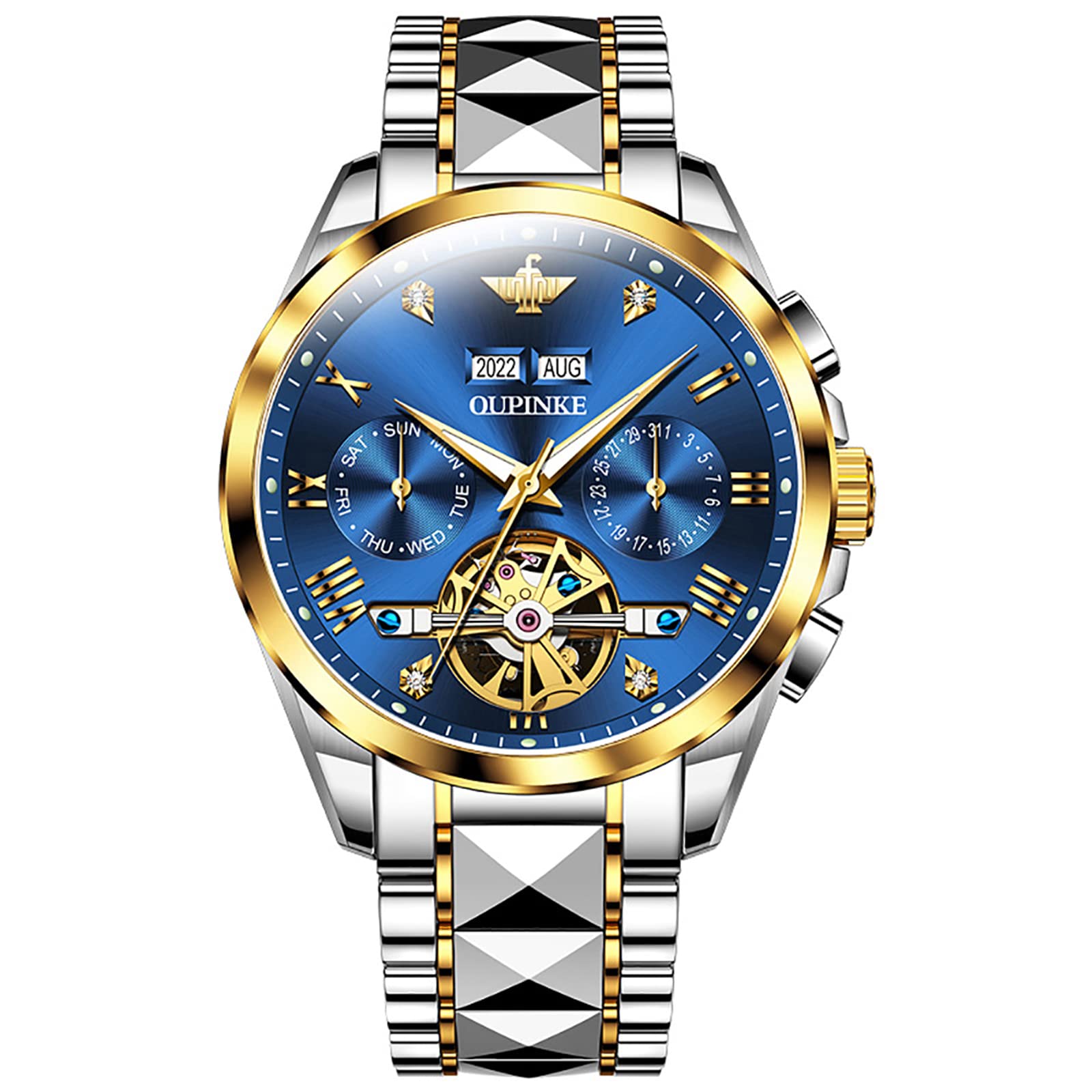 OUPINKE Men's Automatic Skeleton Mechanical Watch with Tourbillon, Waterproof Business Chronograph, Stainless Steel Case & Band, Day/Date/Year Display, Luminous Hands - Perfect for Office, Formal Events & Gift Giving