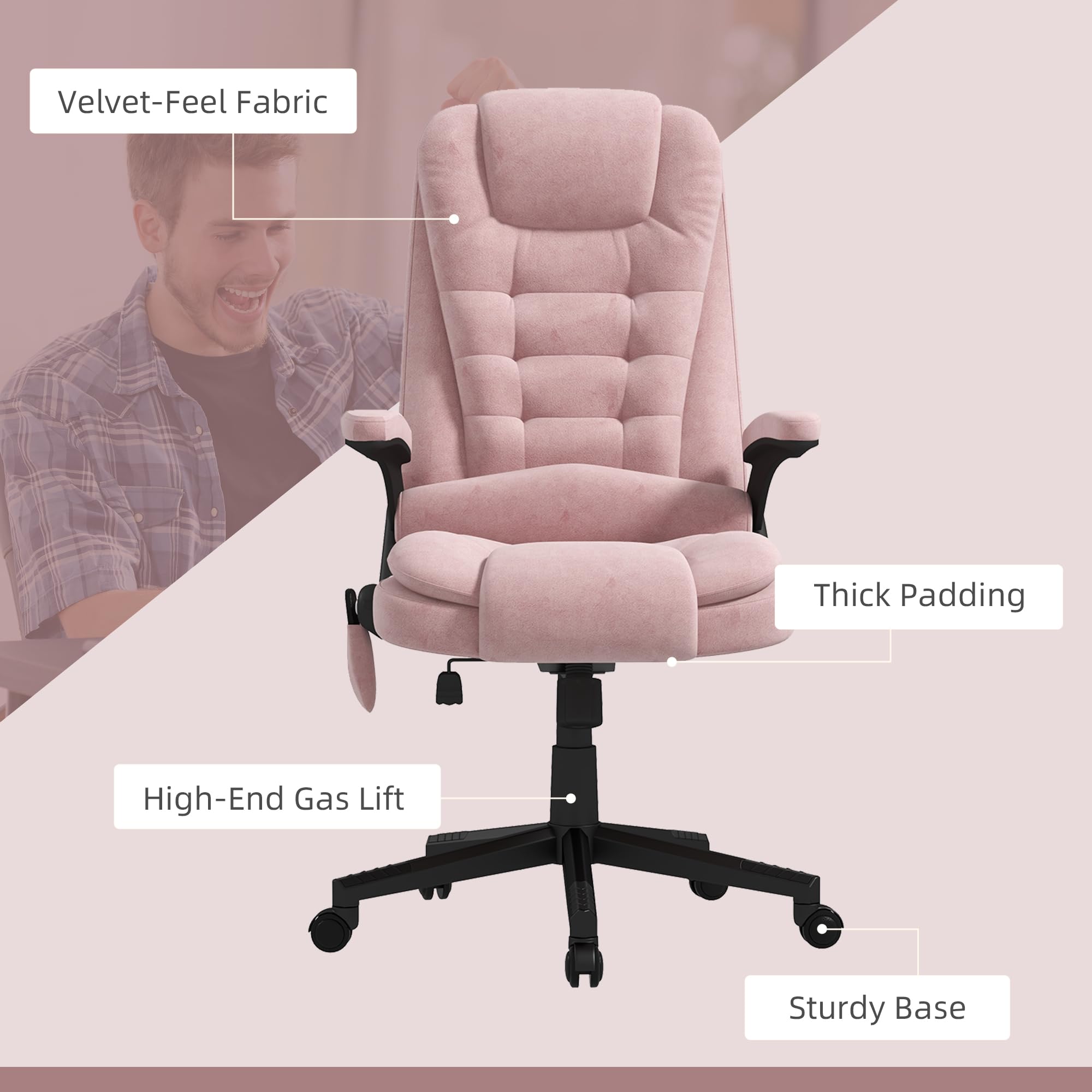 HOMCOM 6-Point Vibrating Massage Office Chair with Heat - Velvet High Back Executive Chair, Reclining Backrest & Padded Armrests - Remote Control - Pink - Perfect for Home Office, Gaming & Relaxation