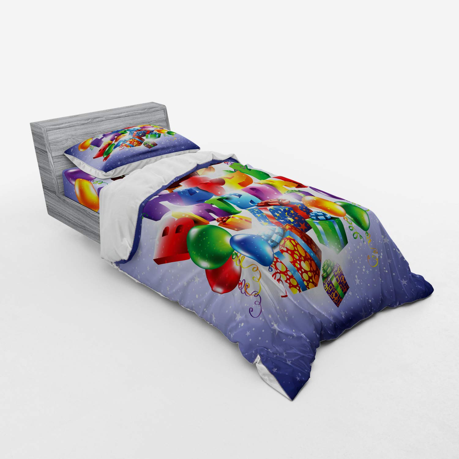 Ambesonne Birthday Duvet Cover Set - Fun Balloons, Ribbons & Cake with Candles Stars Print - 3 Piece Twin XL Bedding Set with Sham & Fitted Sheet - Perfect for Kids' Rooms, Birthday Parties & Gift Giving