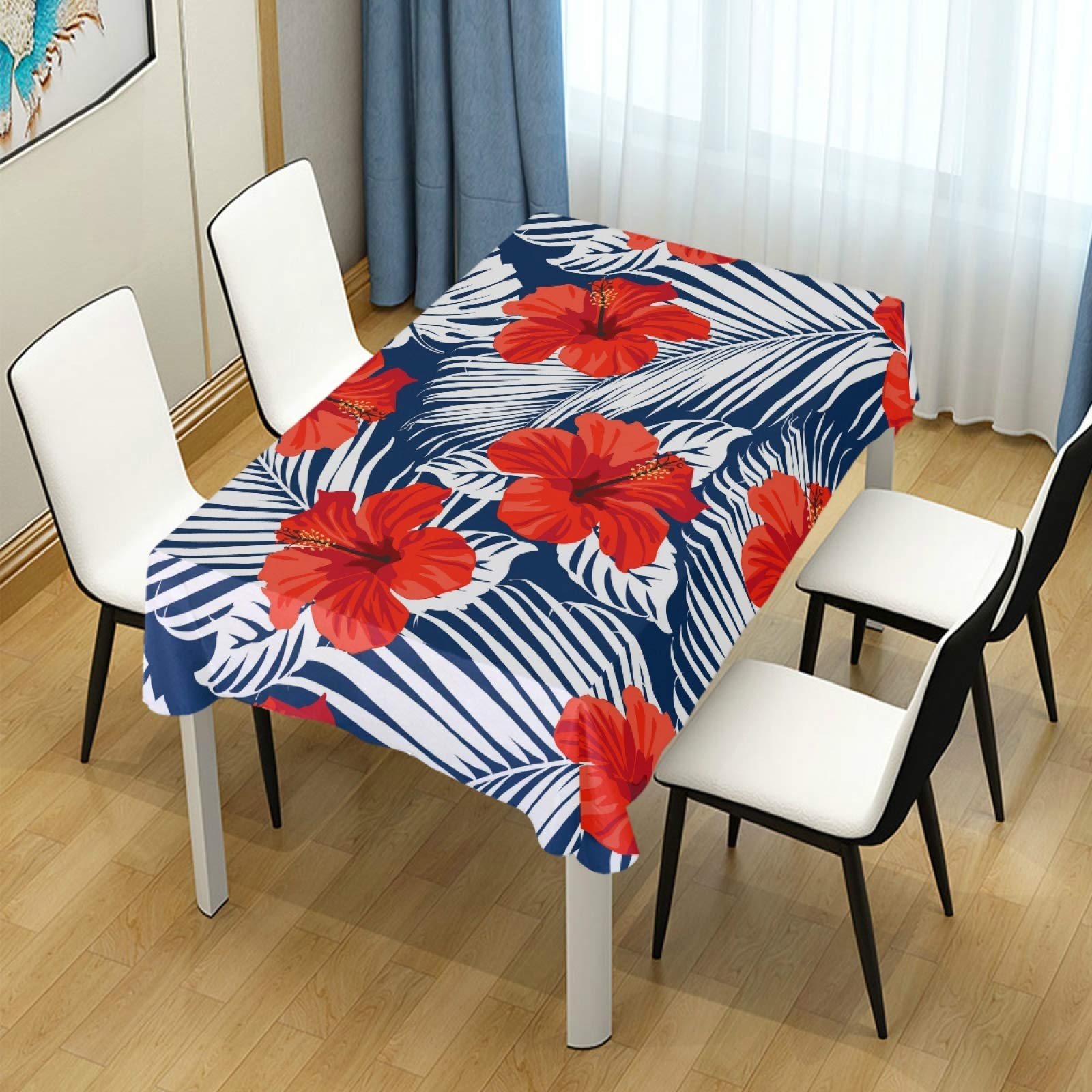 Red Hibiscus & Palm Leaf Polyester Tablecloth 60x90 Inch - Rectangle Party Table Decor for Dining, Wedding, Outdoor Events & Tropical Themed Gatherings