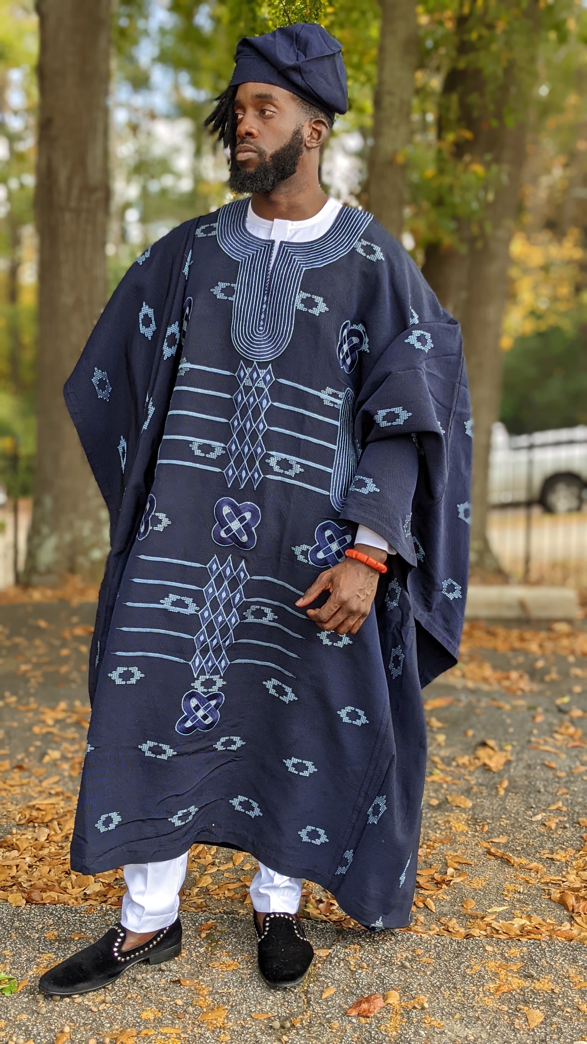 Badejo Navy Blue Aso Oke Agbada Grand Boubou Robe for Men - Traditional Nigerian Wedding Attire & Special Occasion Outfit - DPANBPB1