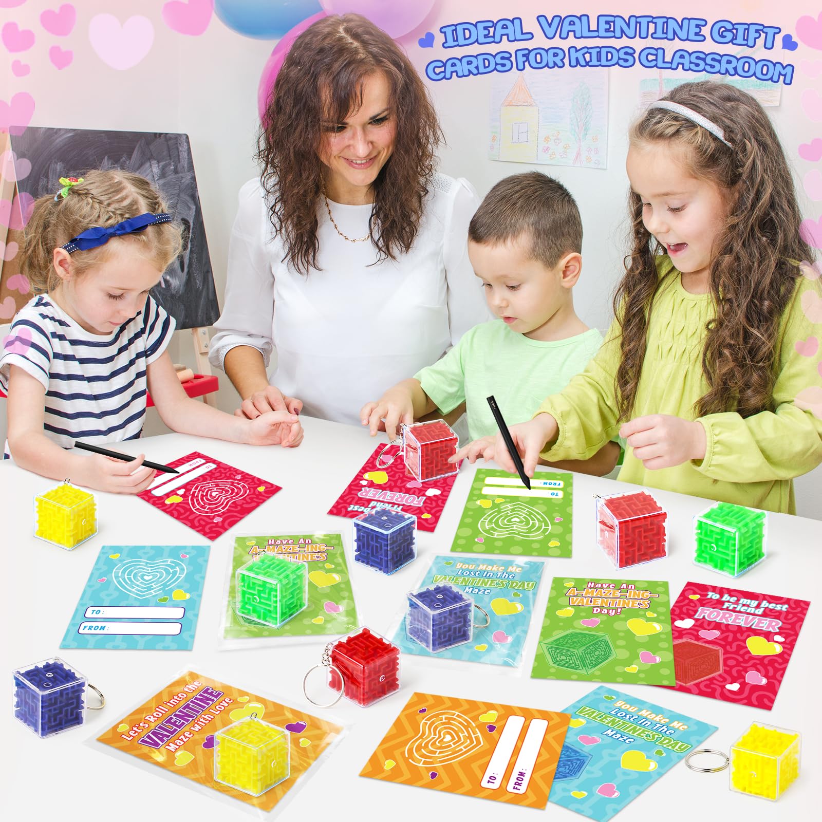 28 Pack Valentine's Day Cards for Kids with 3D Maze Puzzle Toys - Classroom Exchange Gifts, School Party Favors & Fun Keychains | Perfect for Valentine's Classroom Activities, Student Gifts & Holiday Celebrations
