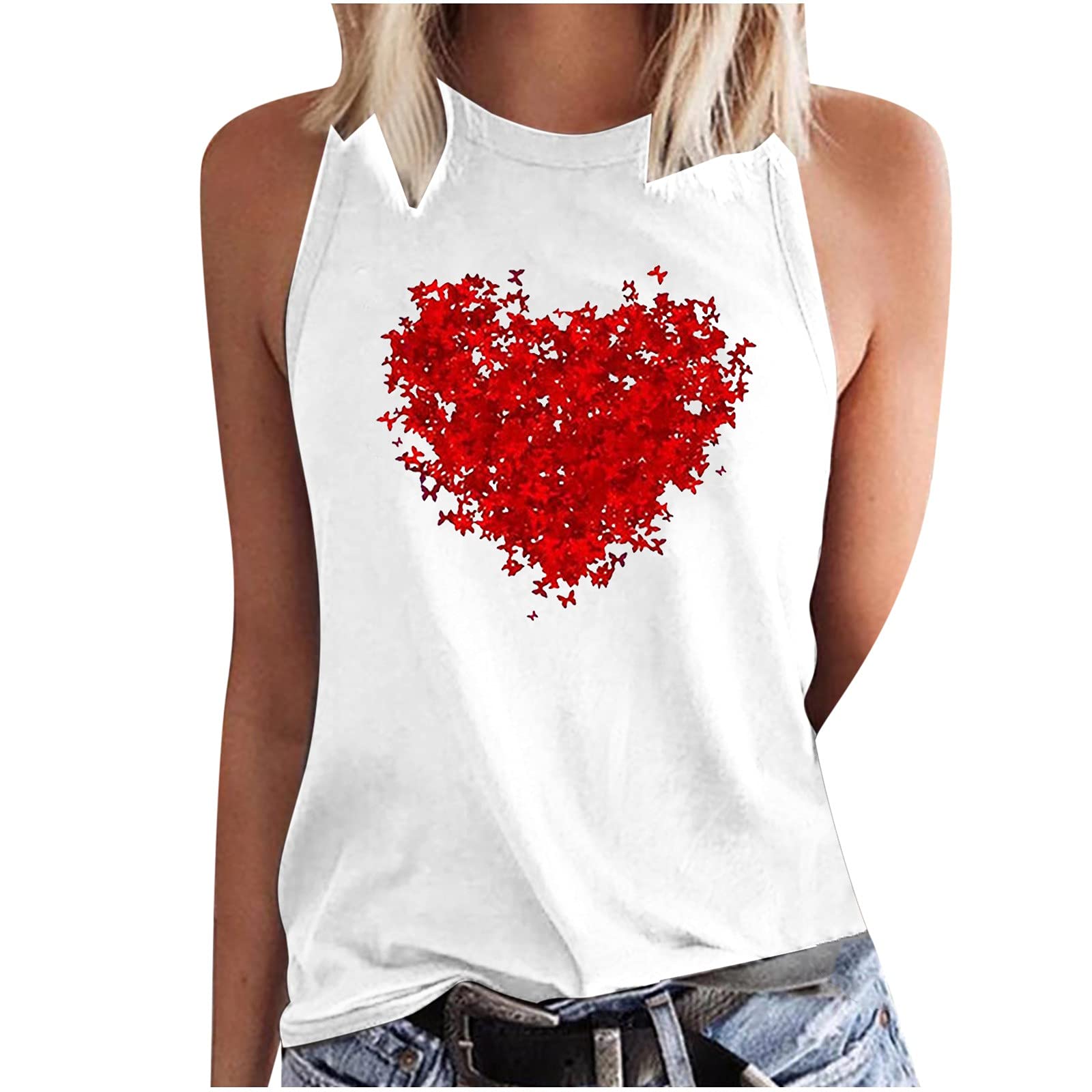 Women's Casual Crewneck Tank Top - Cute Heart Printed Sleeveless Blouse for Summer | Loose Fit Tunic Shirt for Beach, Vacation & Everyday Wear