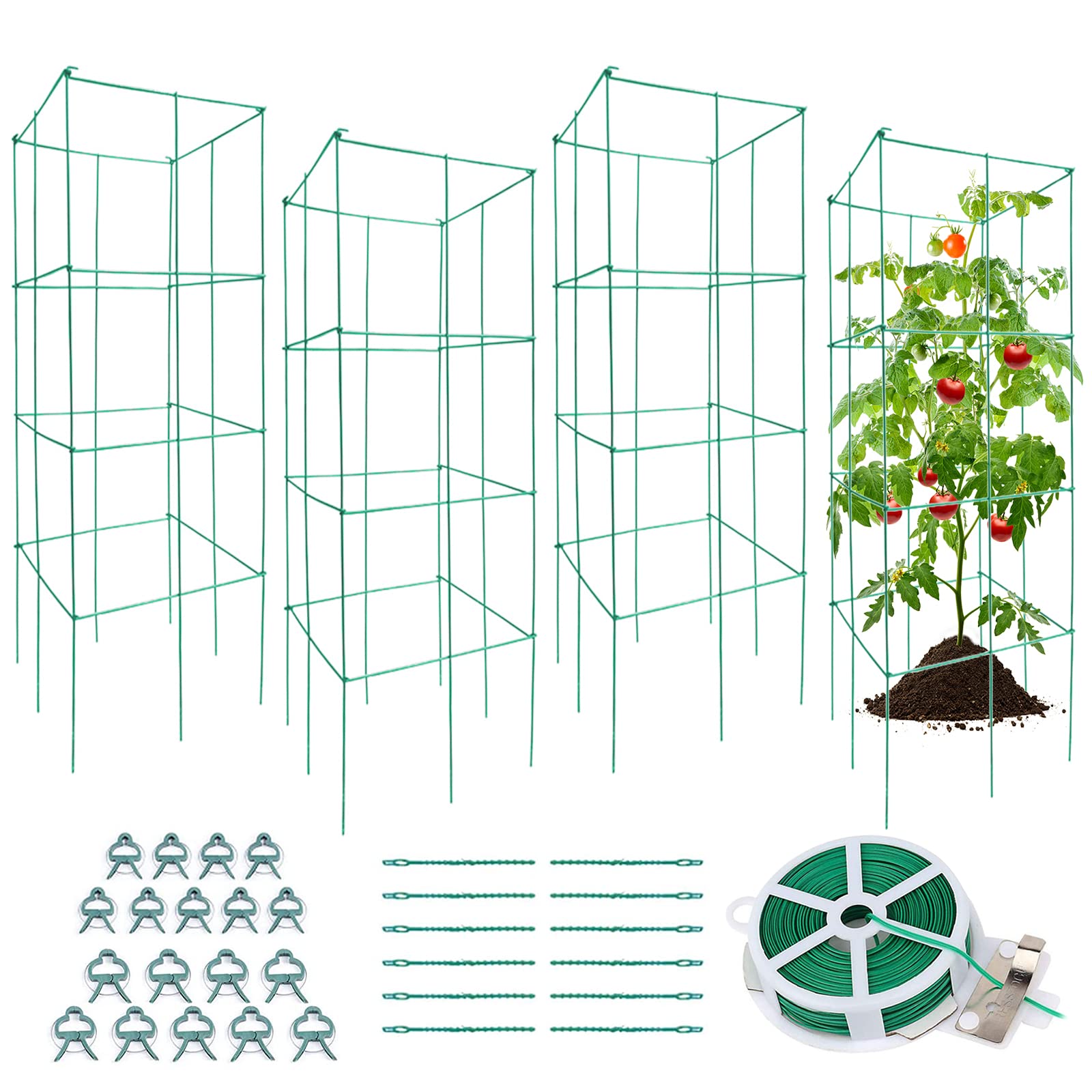 Barbella 4-Pack Square Folding Tomato Cages - Sturdy Plant Support Stakes with Clips & Ties for Garden Trellis, Vertical Climbing Plants (Green) | Perfect for Tomatoes, Peppers, Cucumbers & Vine Vegetables in Home Gardens