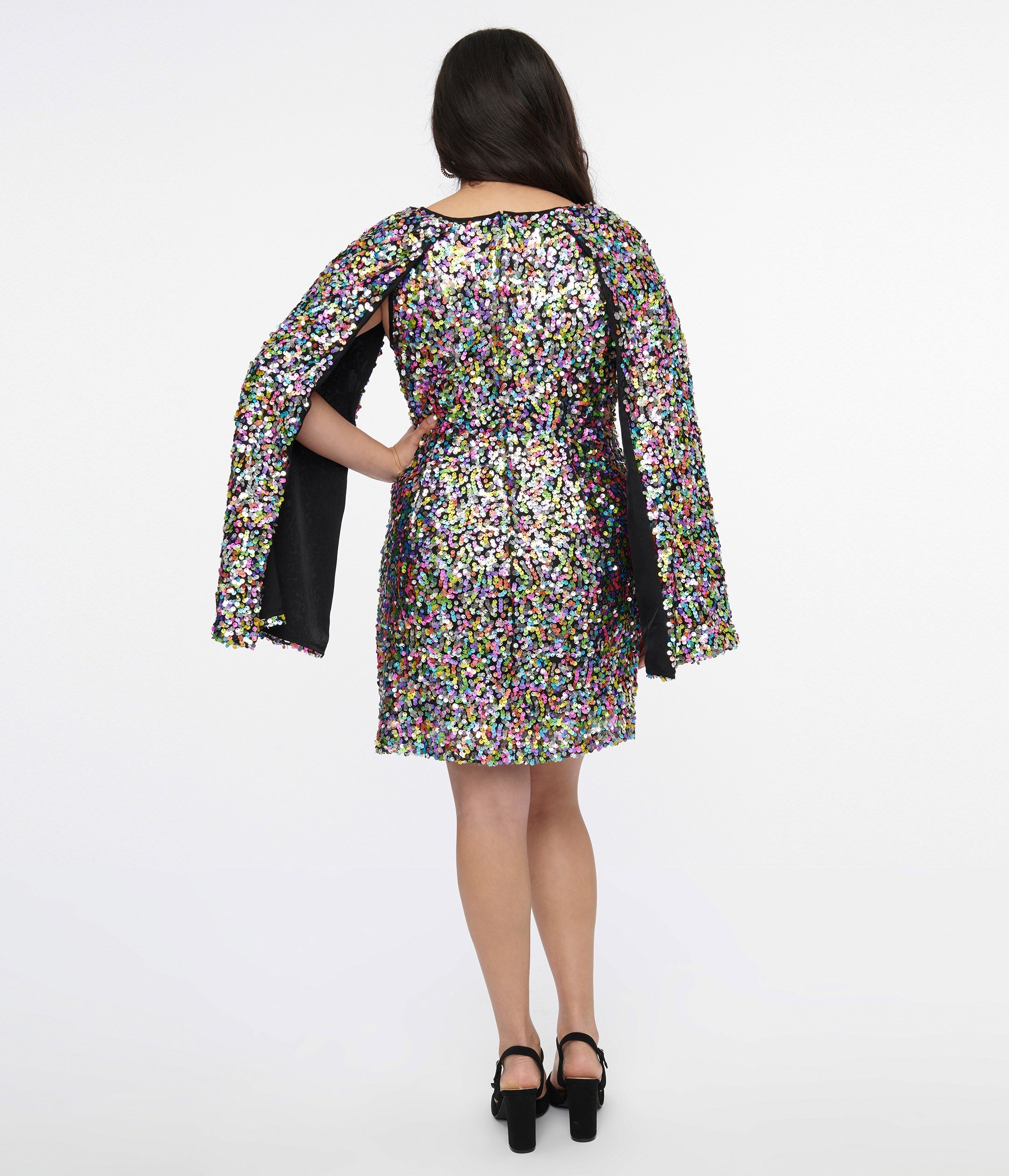 Vintage 1960s Rainbow Sequin Cape Sleeve Shift Dress by Smak Parlour - Retro Party Outfit for Women, Costume Events & Holiday Celebrations