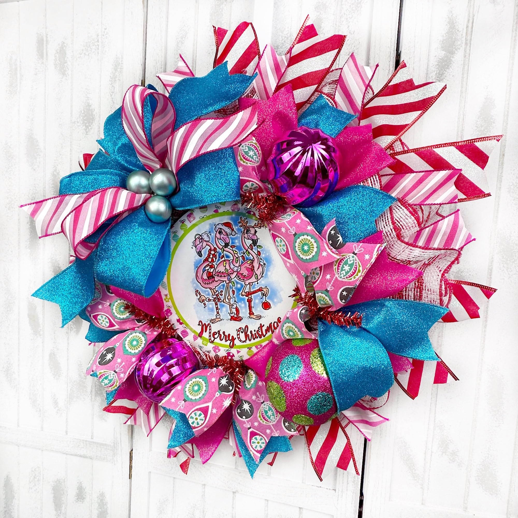 Handmade Coastal Beach Nautical Flamingo Christmas Wreath with Ball Ornaments & Bow - Tropical Holiday Door Hanging Decor for Christmas, Coastal Homes, Beach Houses & Tropical Themed Parties
