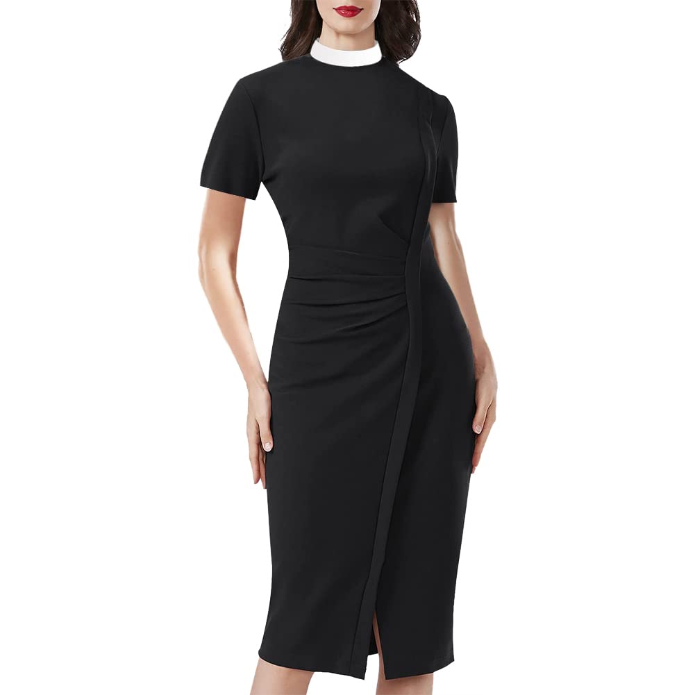BLESSUME Women's Catholic Church Clergy Stand Collar Dress - Black Short Sleeve Mass Dress for Church Services, Communion & Religious Ceremonies (Small, Black)