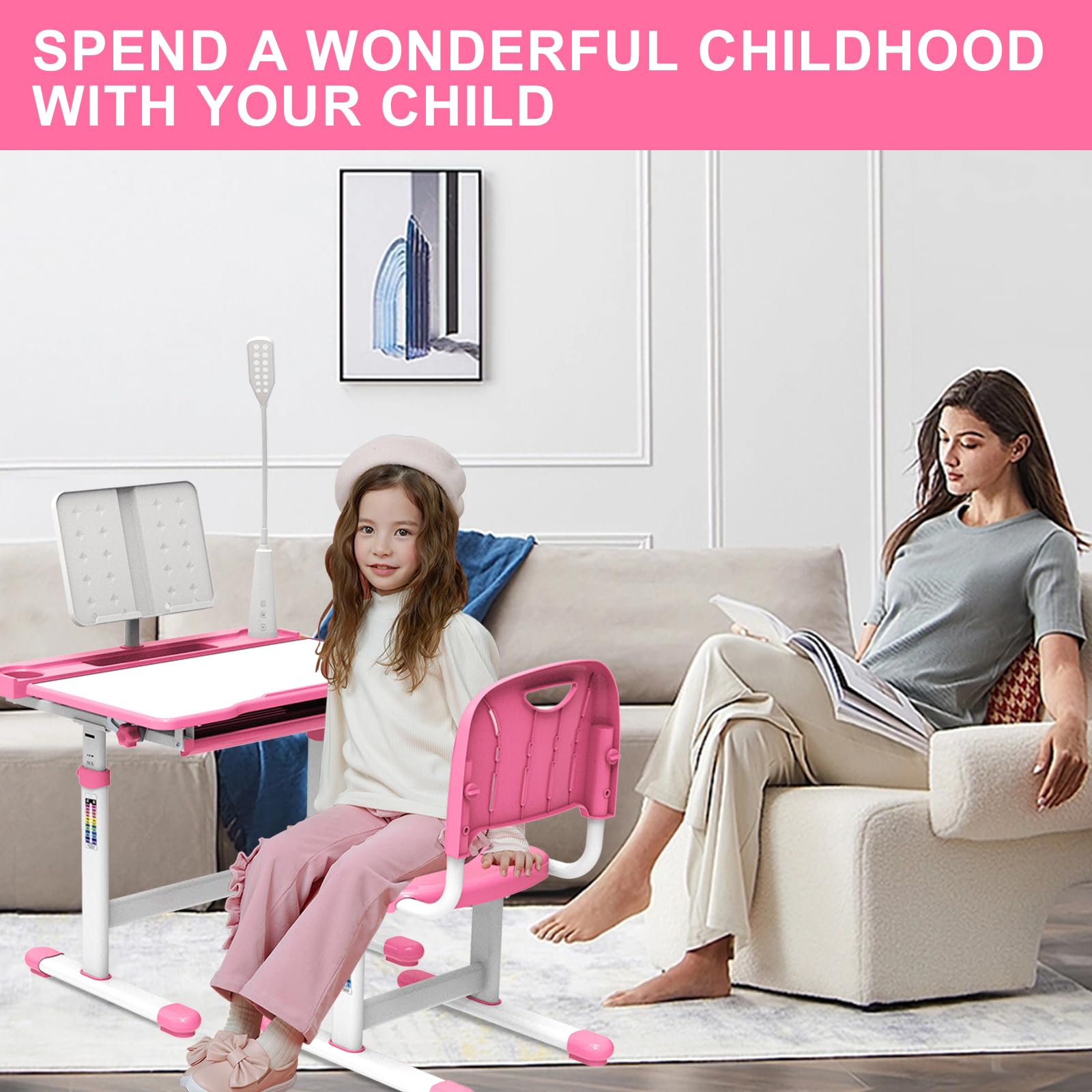 BELANITAS Kids Study Desk and Chair Set - Adjustable 40° Tilt Desktop with LED Light, Ergonomic Children's Writing Table for Ages 5-8 (Pink) - Perfect for Homeschooling, Online Learning & Birthday Gifts