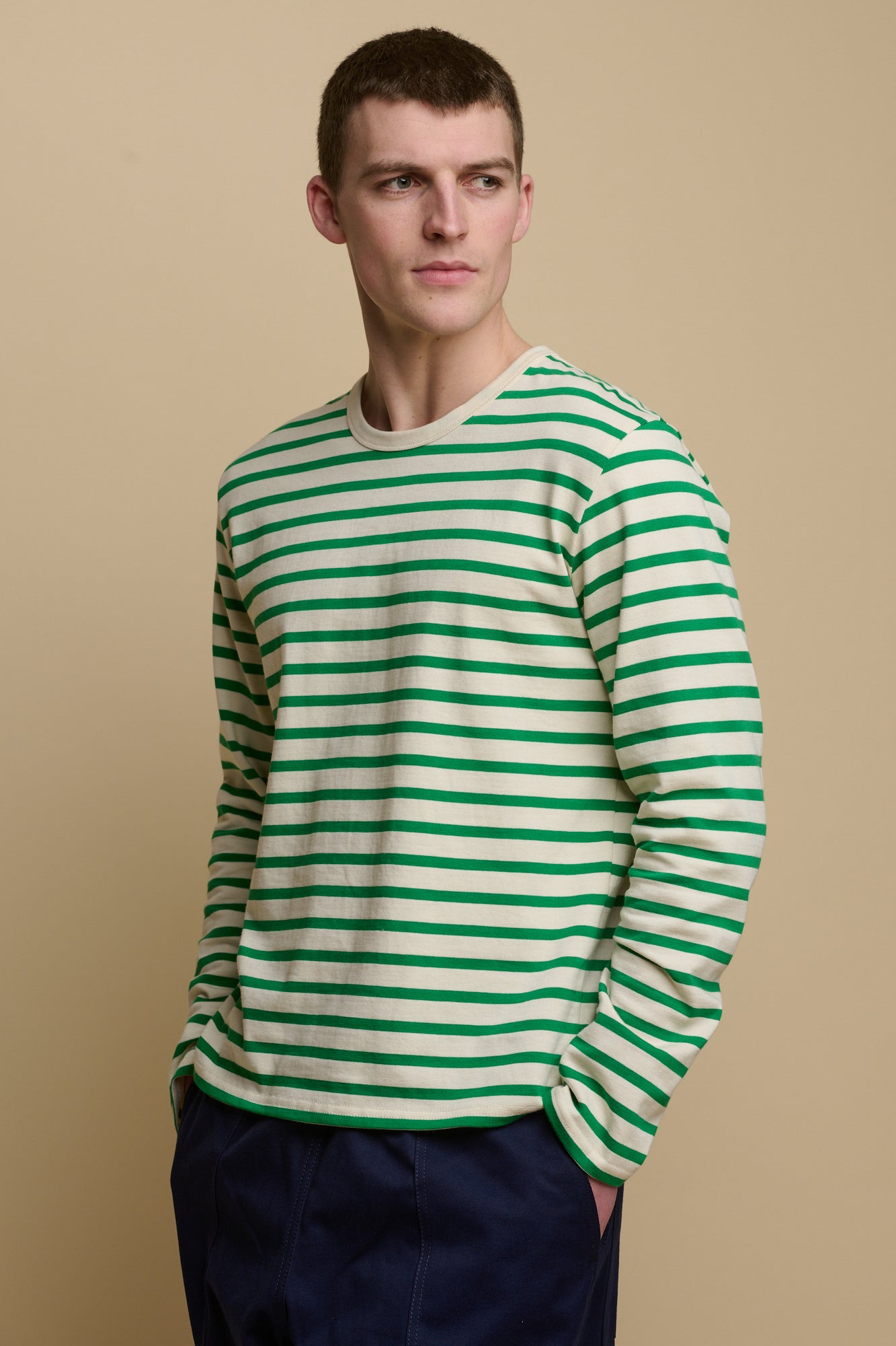 Men's Breton Striped Long Sleeve Shirt - Ecru & Green Cotton Blend Casual Top for Work & Weekend Wear | Office, Date Night & Outdoor Activities