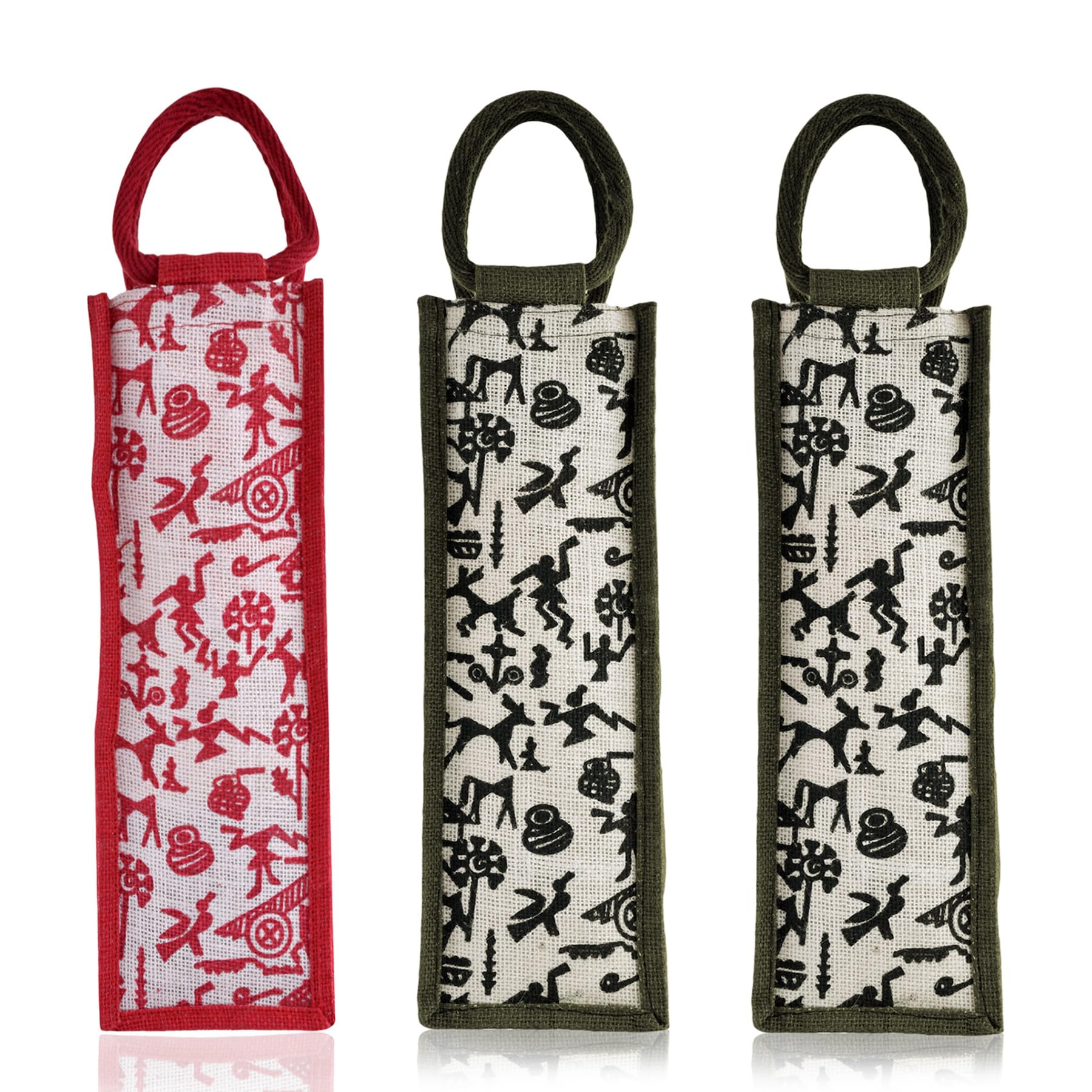 Kuber Industries Reusable Jute Bottle Bag with Handle - Eco-Friendly Water & Wine Bottle Cover for Office, Travel & Gifting (Warli-Print, Pack of 3, Multi-Color) | Perfect for Picnics, Beach Outings & Corporate Events