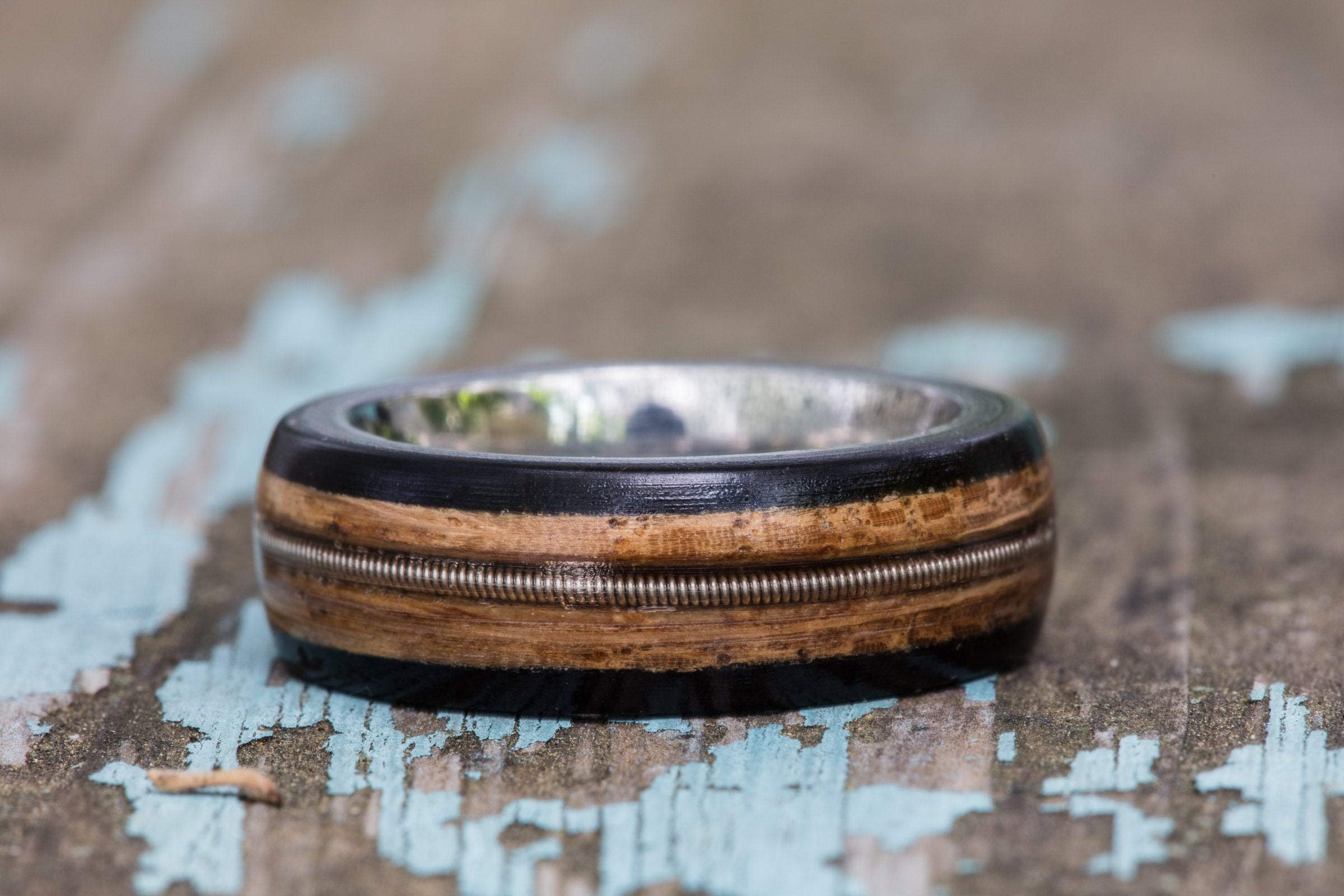 Handcrafted Whiskey Barrel Guitar String & Ebony Wood Titanium Ring - Unique Men's Wedding Band, Anniversary Gift for Him - Perfect for Musicians, Whiskey Lovers & Outdoor Enthusiasts