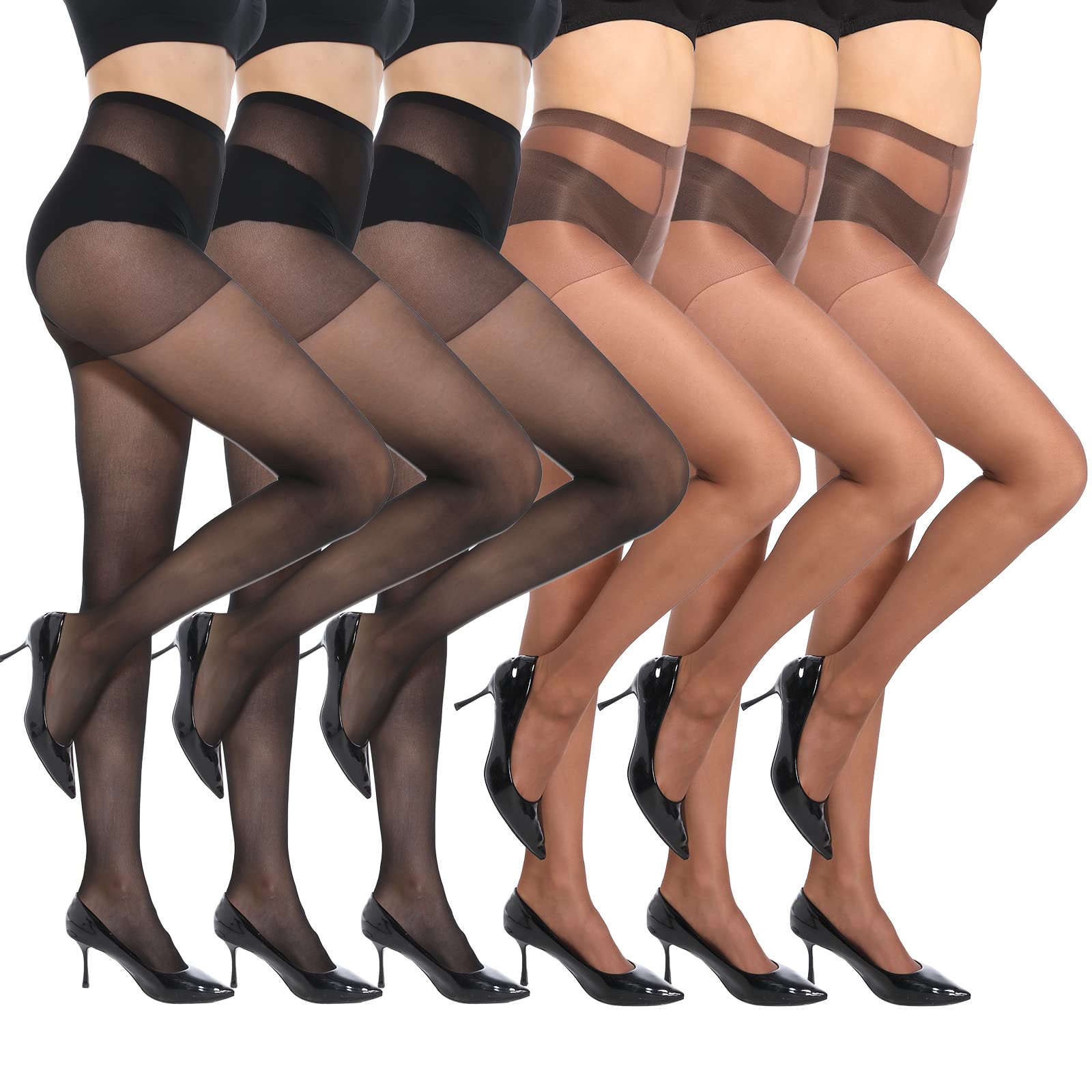 MANZI 6 Pairs 20D Women's Sheer Tights Ultra Thin High Waist Pantyhose - Soft Nylon Stockings for Everyday Wear, Office & Special Occasions