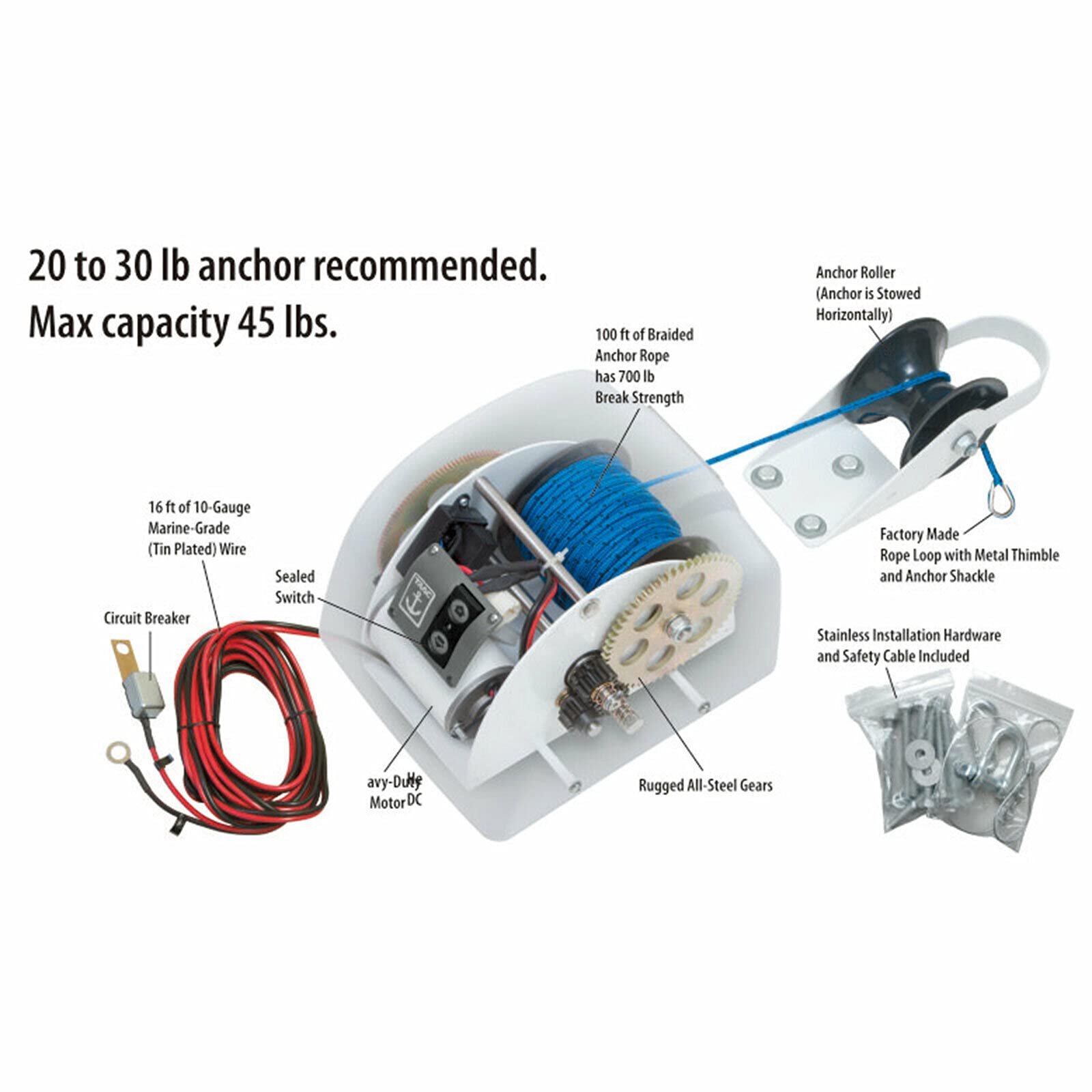 TFCFL 45 LBS Electric Anchor Winch Kit - 12V Heavy Duty Marine Windlass with Remote Control, Saltwater Resistant for Fishing Boats & Pontoon Boats - Perfect for Deep Sea Fishing & Water Sports