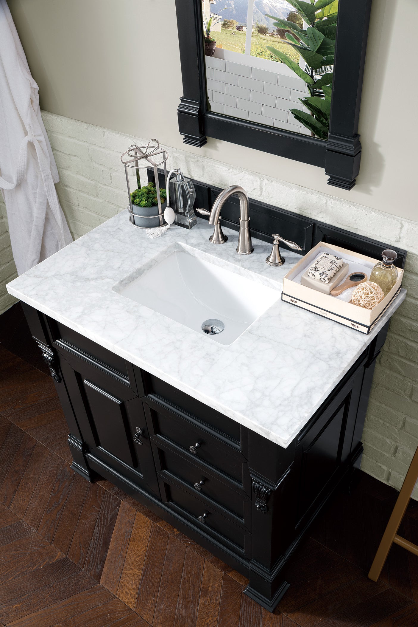 Brookfield 36 Inch Single Bathroom Vanity with Antique Black Finish & 3CM Carrara Marble Top - Perfect for Modern & Traditional Bathroom Designs