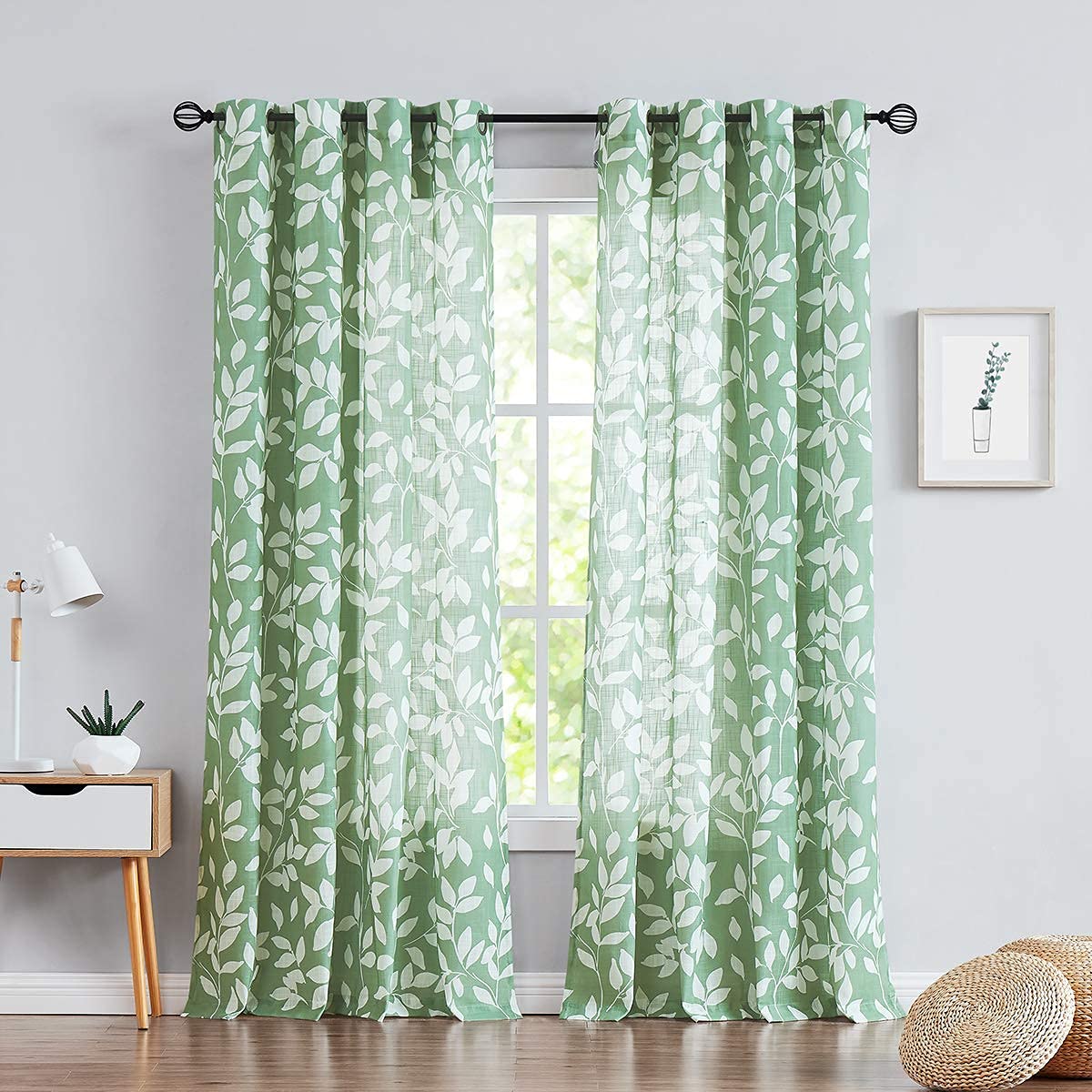 Treatmentex Leaf Print Semi-Sheer Curtains - 95 Inch Long White & Green Window Drapes with Grommet Top (1 Pair) | Elegant Living Room & Bedroom Window Treatments for Natural Light Filtering & Privacy