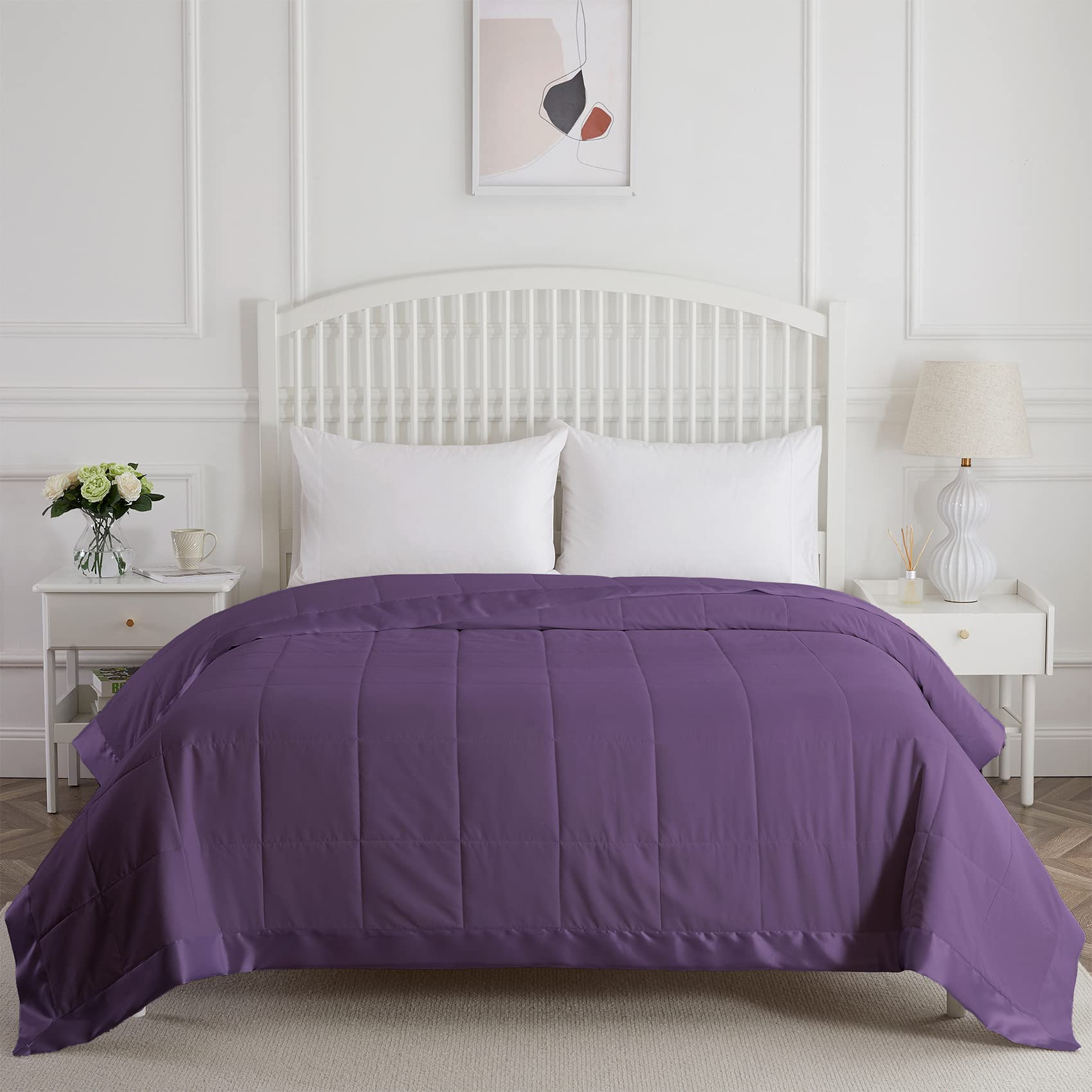COMFLIVE Down Alternative Blanket - Queen Size All Seasons Lightweight Bedding with Satin Trim | Ultra Soft & Breathable for Winter & Summer | Perfect for Bedroom, Sofa, Travel & Guest Room (Purple, Full/Queen)
