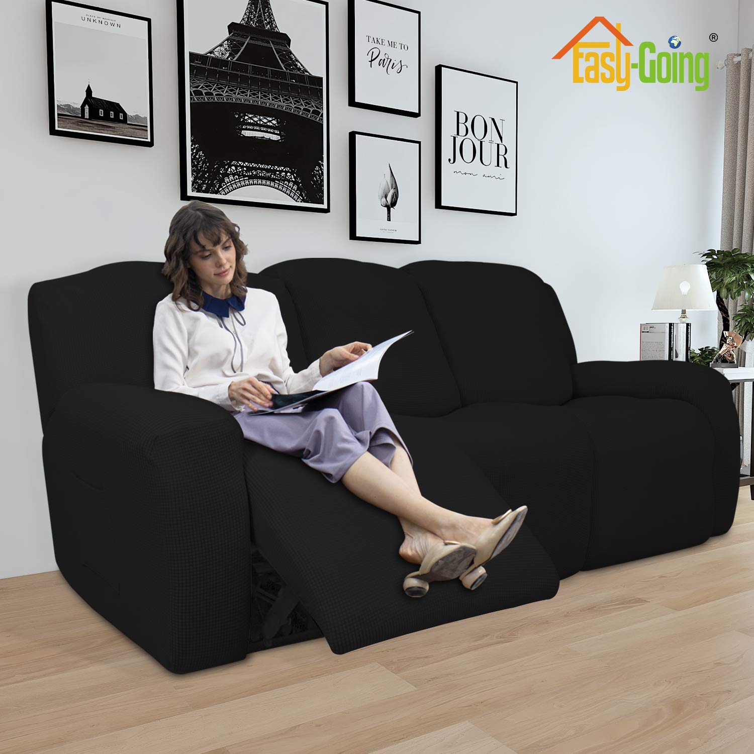8-Piece Stretch Recliner Sofa Slipcover Set - Spandex Jacquard Fabric with Elastic Bottom - Soft Furniture Protector for Couches (Black Small Checks) - Perfect for Pets, Kids & Everyday Use