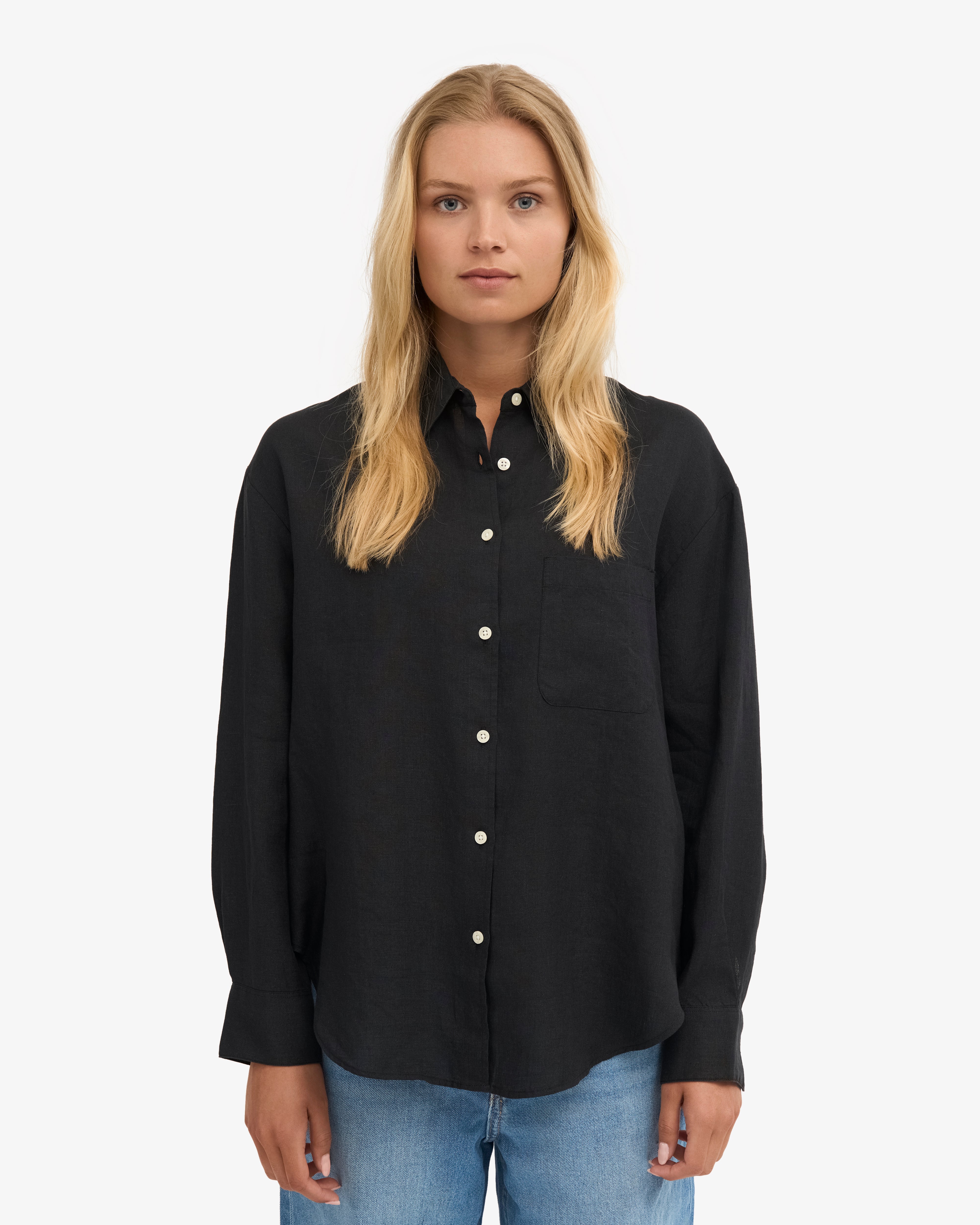 Linen Oversized Shirt for Women - Deep Black - Casual Loose Fit Long Sleeve Button Down Top for Everyday Wear, Office, and Travel