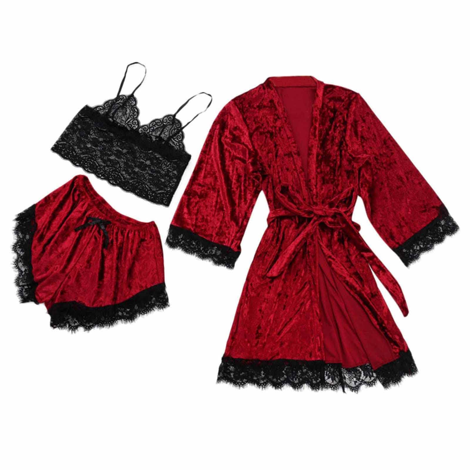 Sexy Women's Lace Trim Sleepwear Set - 2PC Velvet Cami Dress & Long Sleeve Robe Nightgown for Women, Soft Lounge Wear for Valentine's Day Gift, Anniversary Present, Romantic Nightwear for Couples Getaway