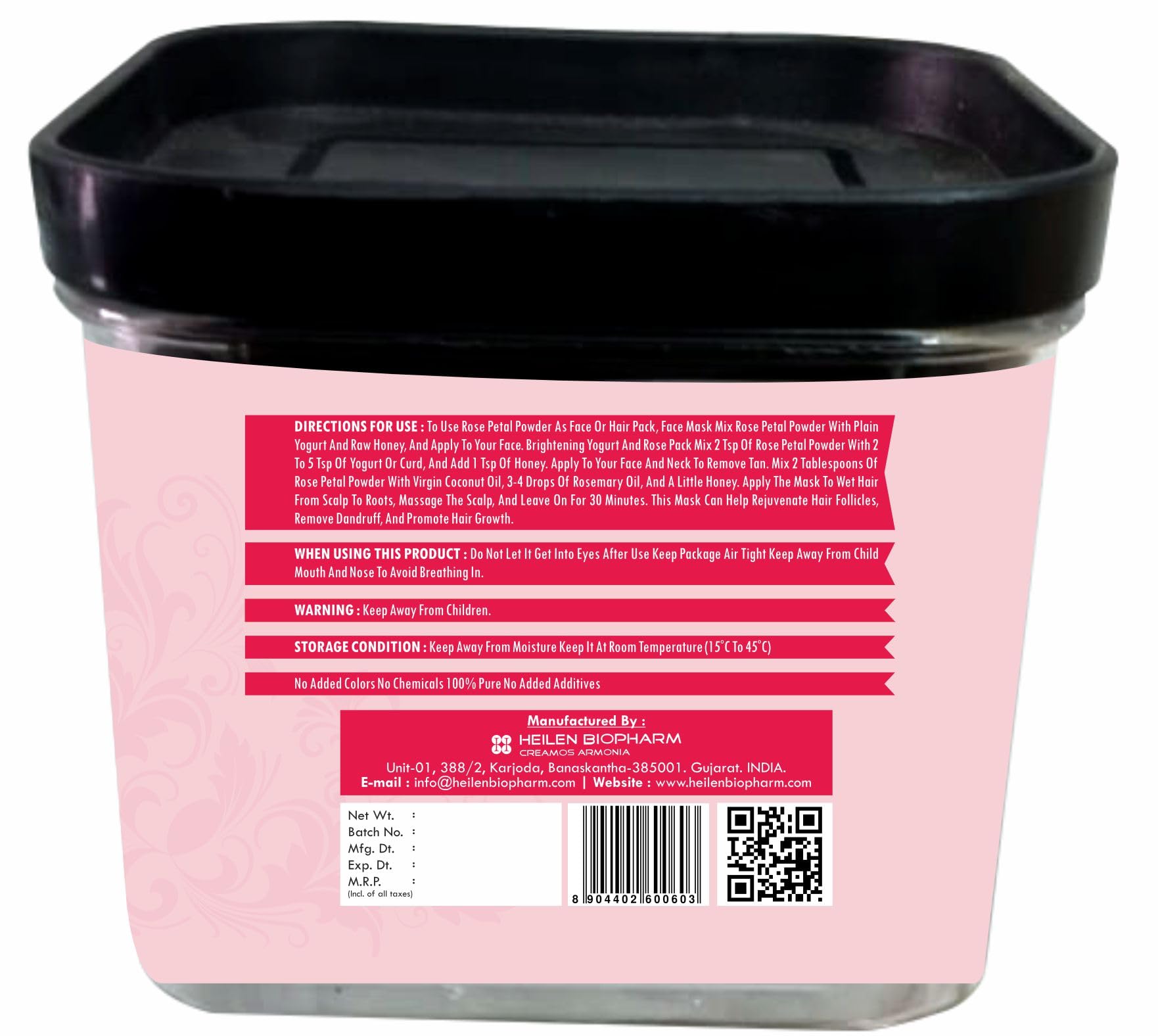 Heilen Biopharm Pink Rose Petal Powder - 100g | Natural Skincare & Body Nourishment | DIY Face Masks, Bath Soaks & Aromatherapy