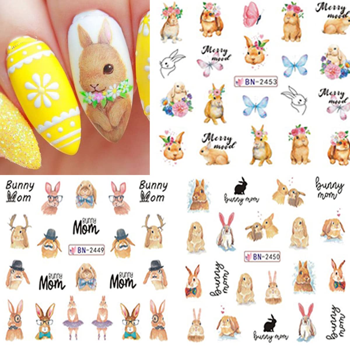 Easter Bunny Nail Art Stickers - Cute Cartoon Rabbit & Carrot Water Transfer Nail Decals - Floral Design Acrylic Nail Supplies for Women & Girls - 12 Sheets - Perfect for Spring Manicures, Easter Parties & Holiday Nail Decorations