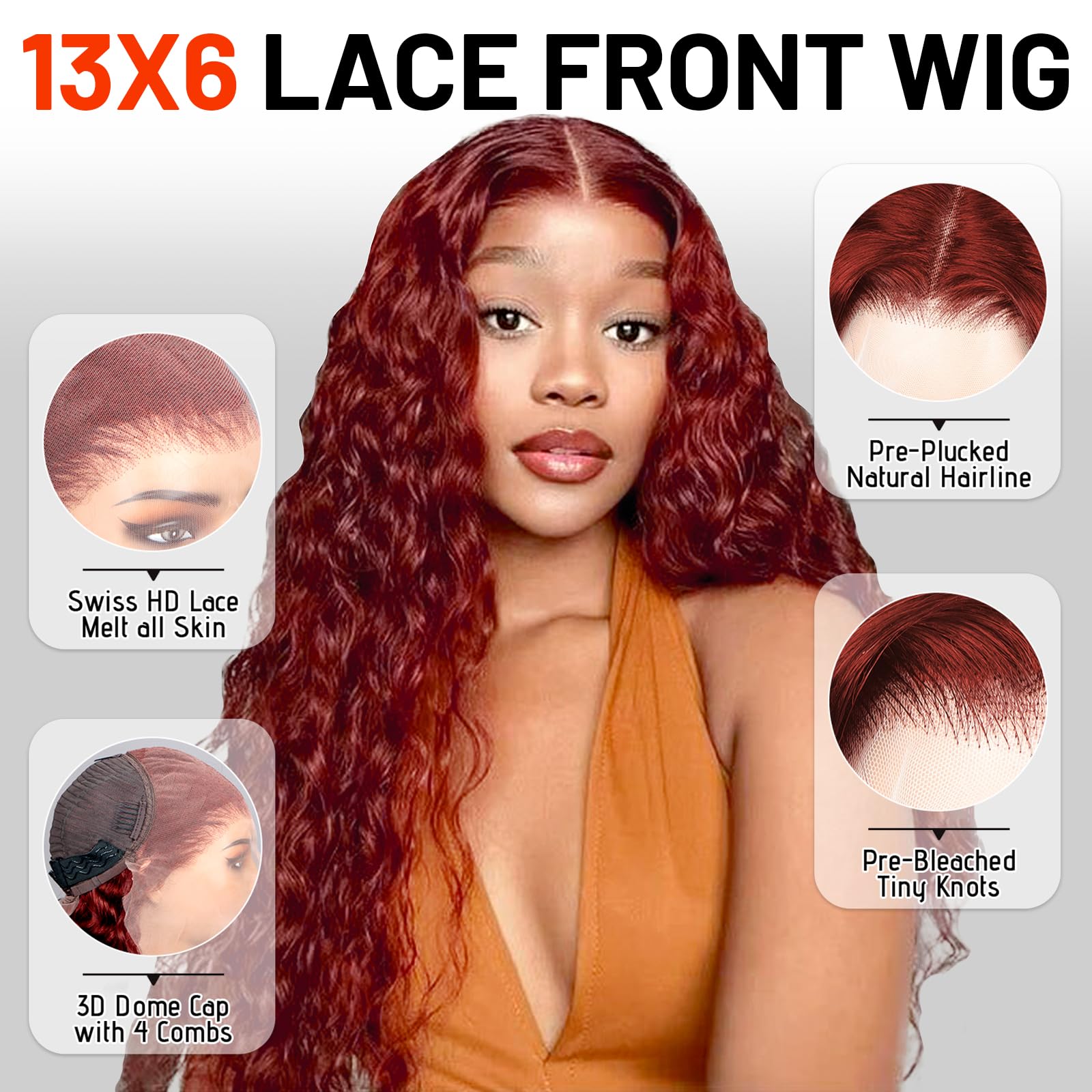13x6 Water Wave Reddish Brown Lace Front Wig Human Hair - Pre Plucked 200% Density HD Transparent Frontal with Baby Hair | Bleached Knots Wet & Wavy Curly Wig 24 Inch for Daily Wear, Cosplay & Special Occasions