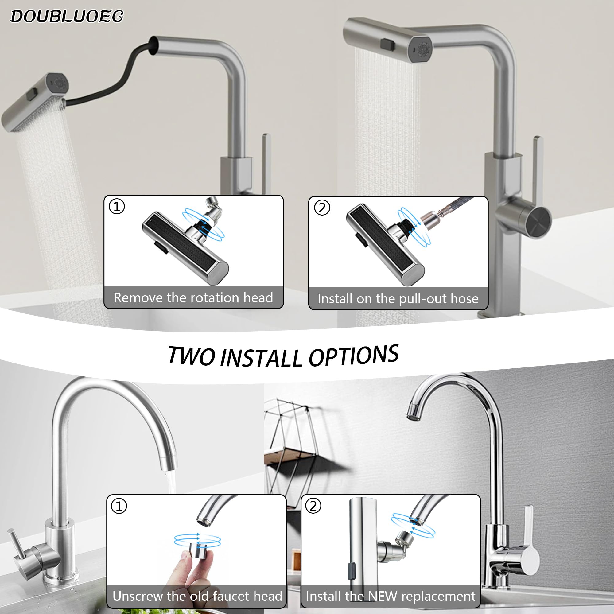 Universal Kitchen Faucet Head Replacement - 360° Swivel Faucet Extender for Sink, Brushed Nickel Finish | Perfect for Washing Dishes, Filling Pots & Cleaning Vegetables