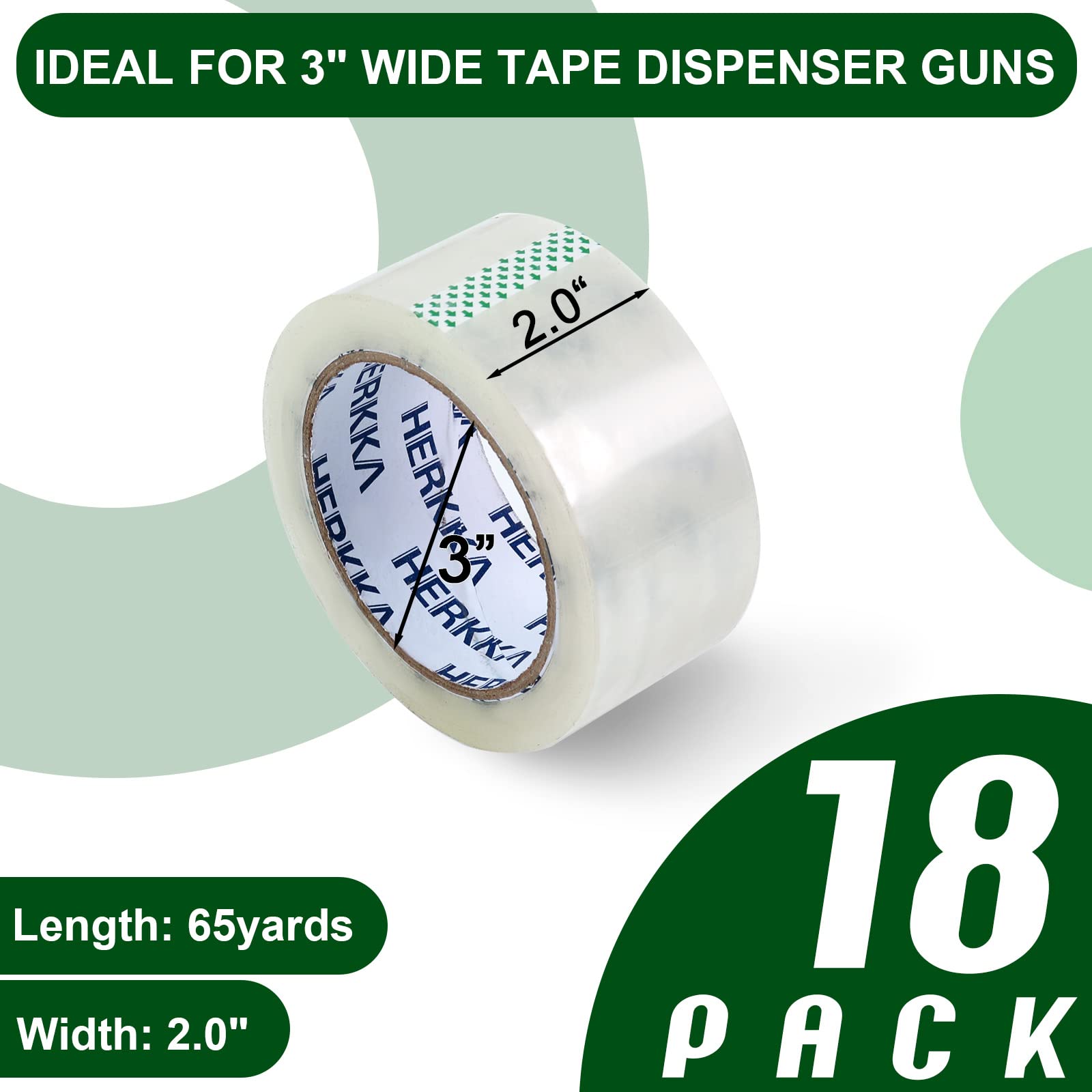 HERKKA Heavy Duty Clear Packing Tape - 18 Rolls, 2 Inch Wide, 65 Yards Per Roll (1170 Total Yards) - Strong Shipping, Moving & Sealing Tape for Boxes, Packages & Storage - Ideal for Home, Office & Warehouse Use