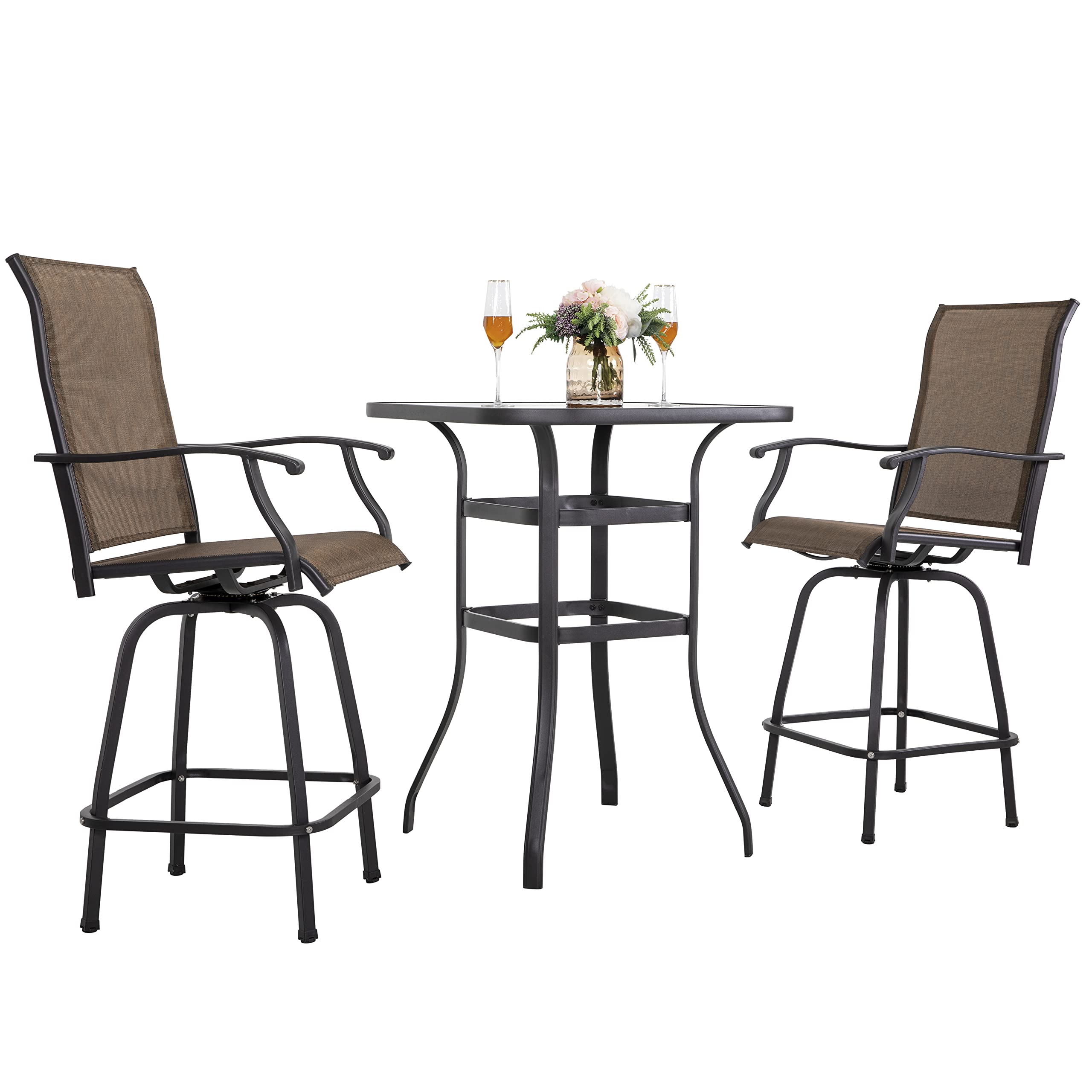 **NUU GARDEN 3-Piece Patio Bar Set - All-Weather Metal Textilene Swivel Bar Stools (Set of 2) & High-Top Glass Bar Table - Brown Outdoor Bistro Set for Patio, Deck, or Garden**    *(Perfect for backyard BBQs, poolside lounging, or outdoor entertaining!)*