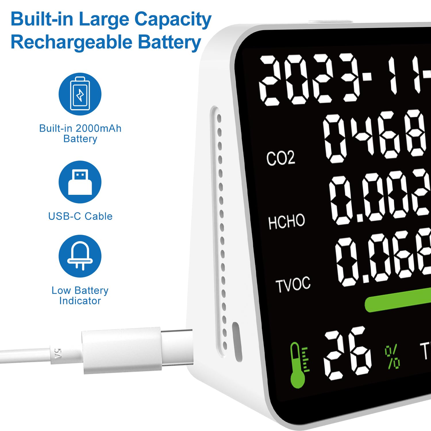 11-in-1 Air Quality Monitor for Home & Office - CO2/VOC/PM2.5/Temp/Humidity Detector, Portable & Battery Powered