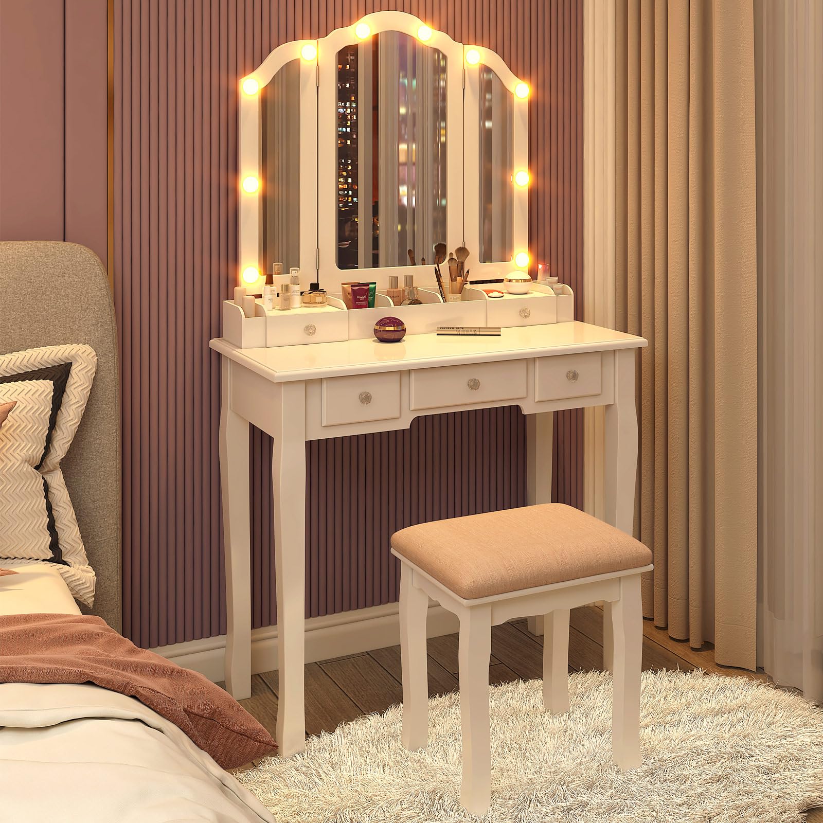 White Makeup Vanity Set with LED Lights & Mirror - Elegant Vanity Desk & Chair for Teens & Adults - Perfect for Bedroom, Dressing Room & Beauty Salon