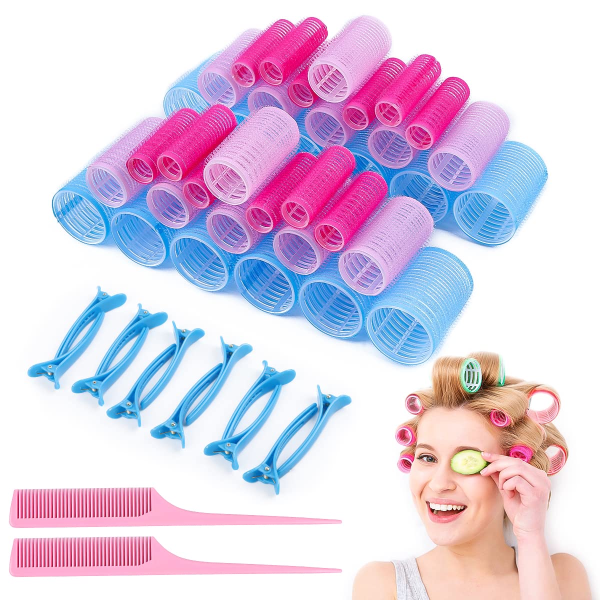 Encuryna 50-Pack Self-Adhesive Hair Rollers Set - No Heat Curling Rollers with Comb & Duckbill Clips for Women - Salon & Home Hair Styling - Perfect for Creating Natural Curls, Waves & Volume