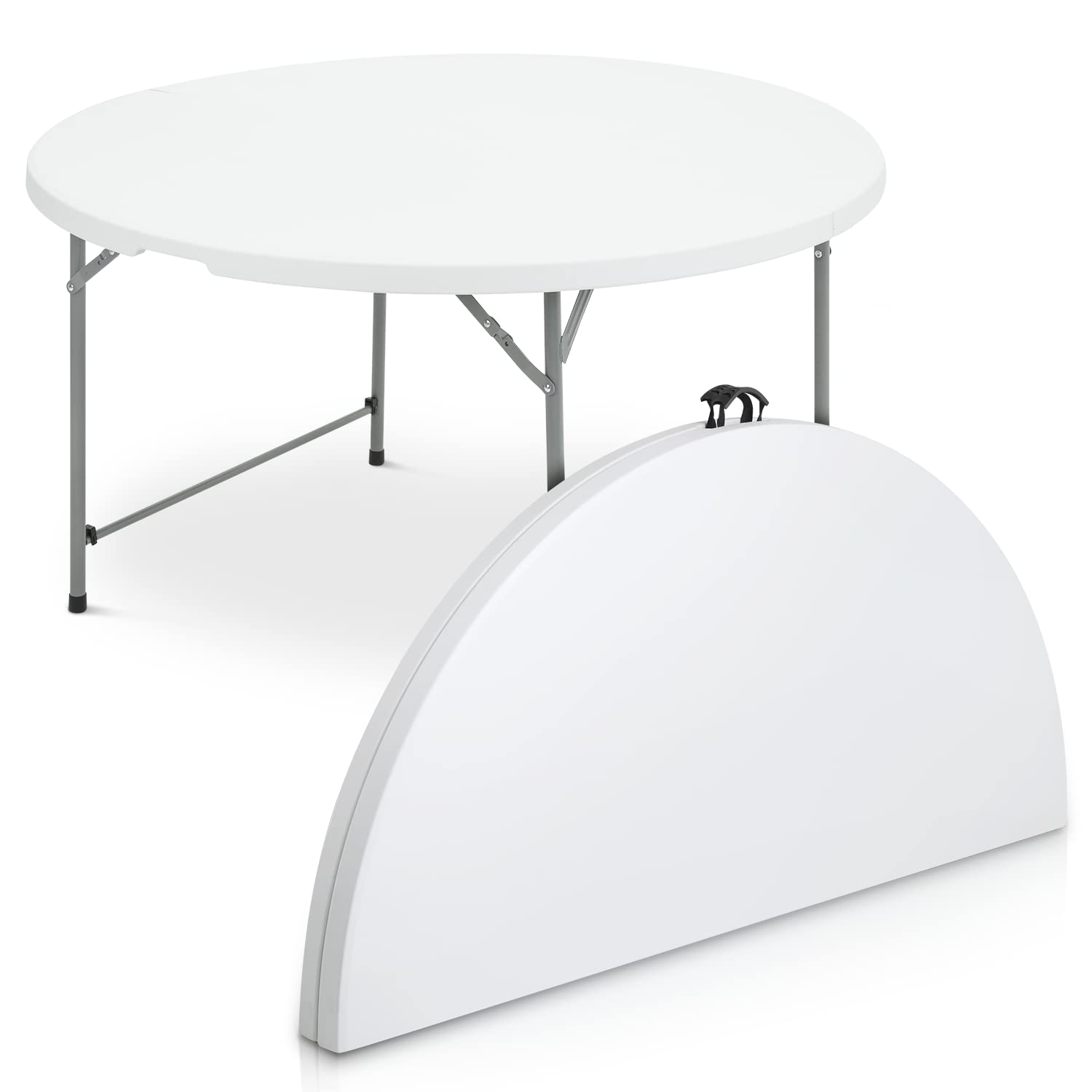 MoNiBloom 4.5Ft Round Folding Table - Portable Plastic Dining Table with Handle & Lock for Indoor Outdoor Use - Perfect for Picnic, Party, Banquet, Wedding (White)