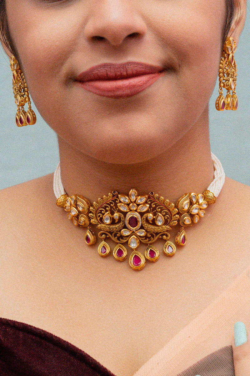 Luxury Gold Plated Royal Kundan Choker Necklace Set with Matching Earrings - Perfect for Weddings, Parties & Special Occasions