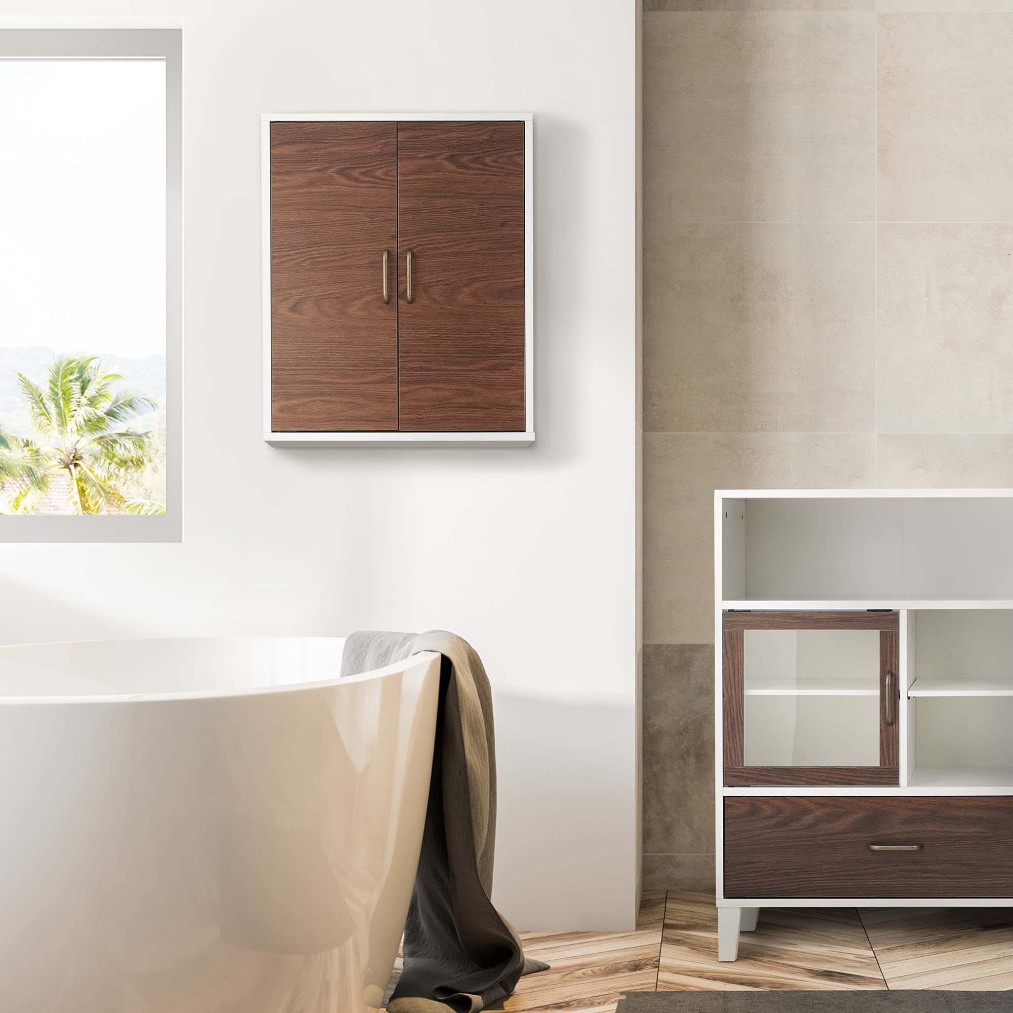 Teamson Home Wooden Bathroom Wall Cabinet - Wall Mounted Medicine Storage with Adjustable Shelf, Walnut & White Two-Door Design for Bathroom Organization & Space Saving