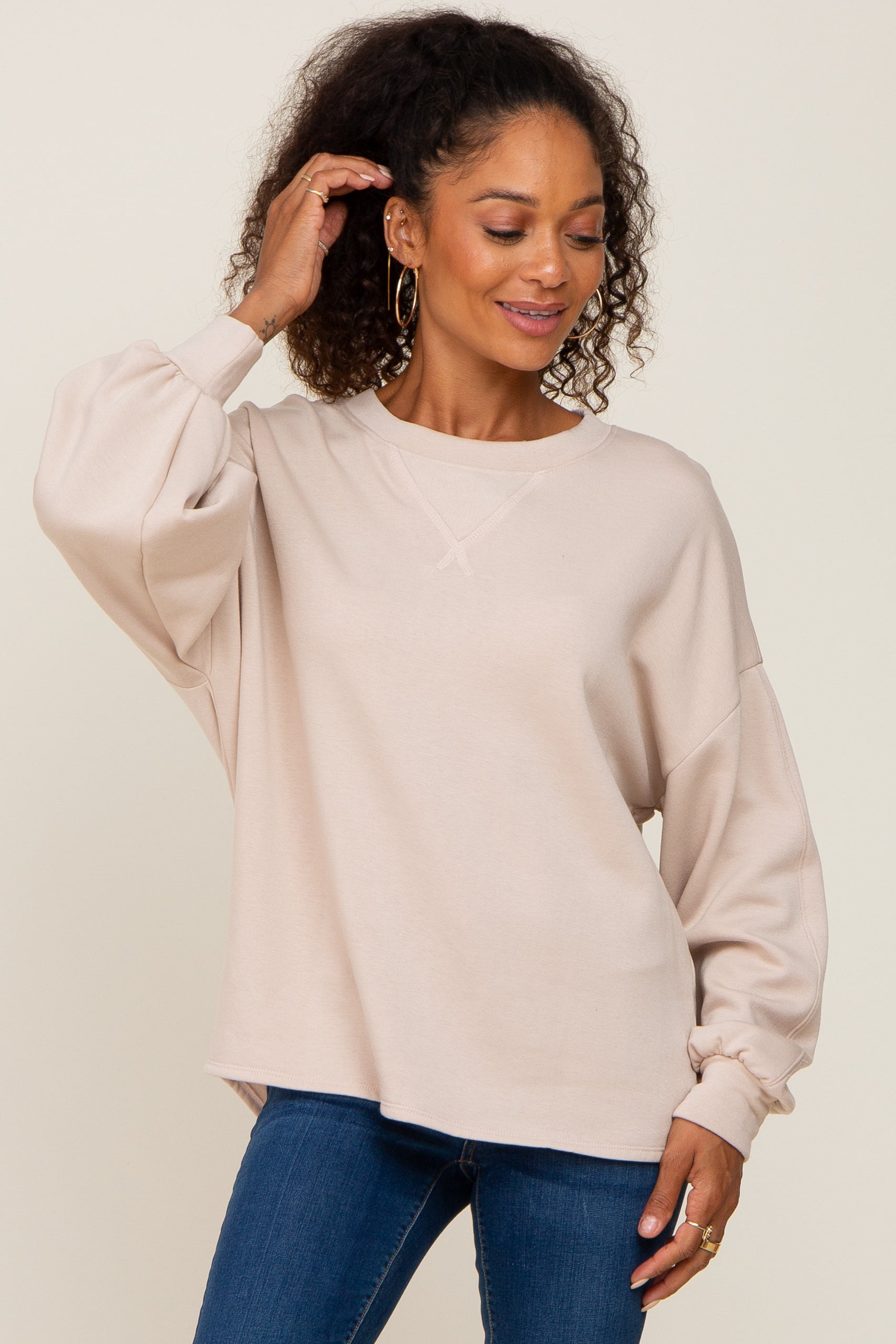 Soft Beige Long Sleeve Maternity Top - Comfortable Stretchable Pregnancy Shirt for Women | Perfect for Casual Wear, Office & Baby Showers