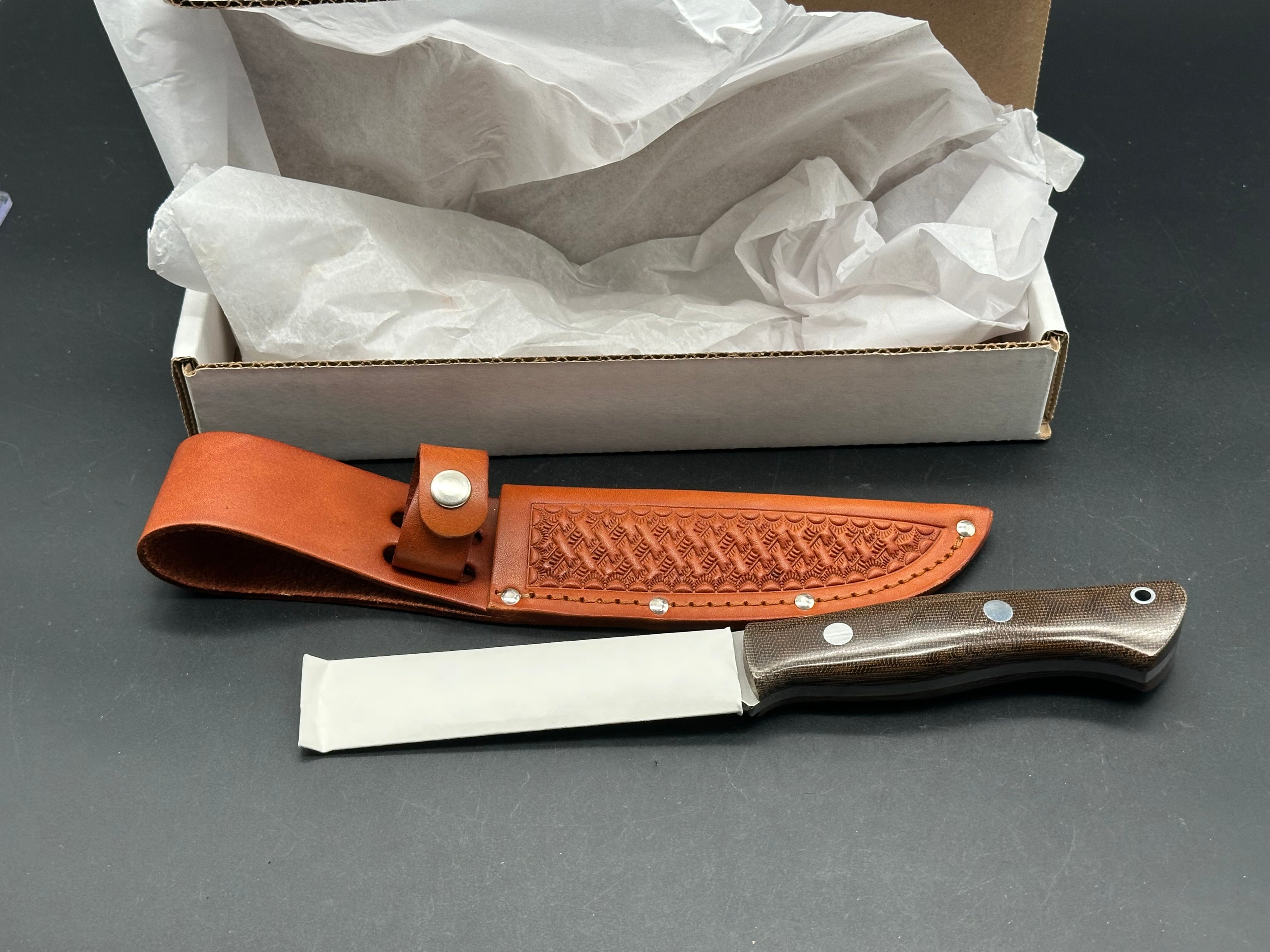 Bark River Aurora Knife with Green Canvas Micarta Scales & A2 Tool Steel Blade - Hunting, Camping, Outdoor Survival Gear with Brown Leather Sheath