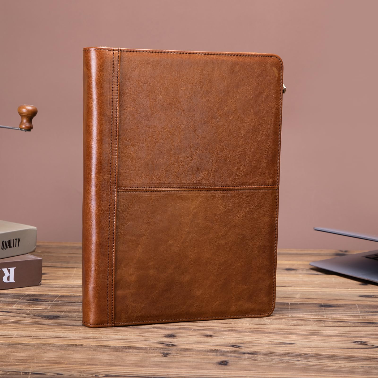 Premium Genuine Full Grain Leather Portfolio with 3-Ring Binder - Zippered A4 Notebook Holder & Laptop Sleeve - Professional Organizer Folder for Men & Women (Brown, Oil-Tanned) - Perfect for Business Meetings, Office Work & Executive Gifts