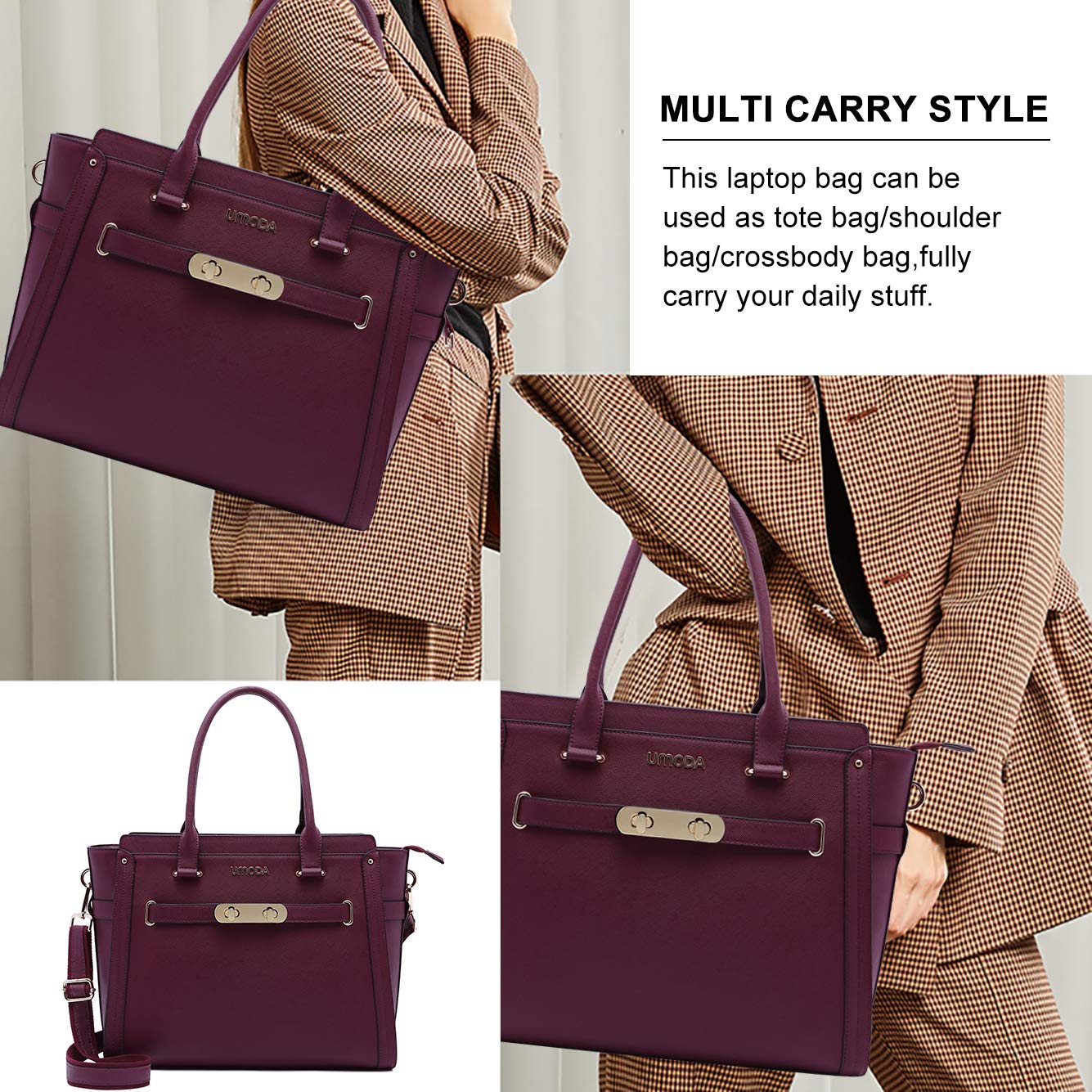 Stylish 15.6 Inch Laptop Tote Bag for Women - Multi-Pocket Padded Computer Bag with Shoulder Strap (Burgundy) - Perfect for Work, Travel & College Commute