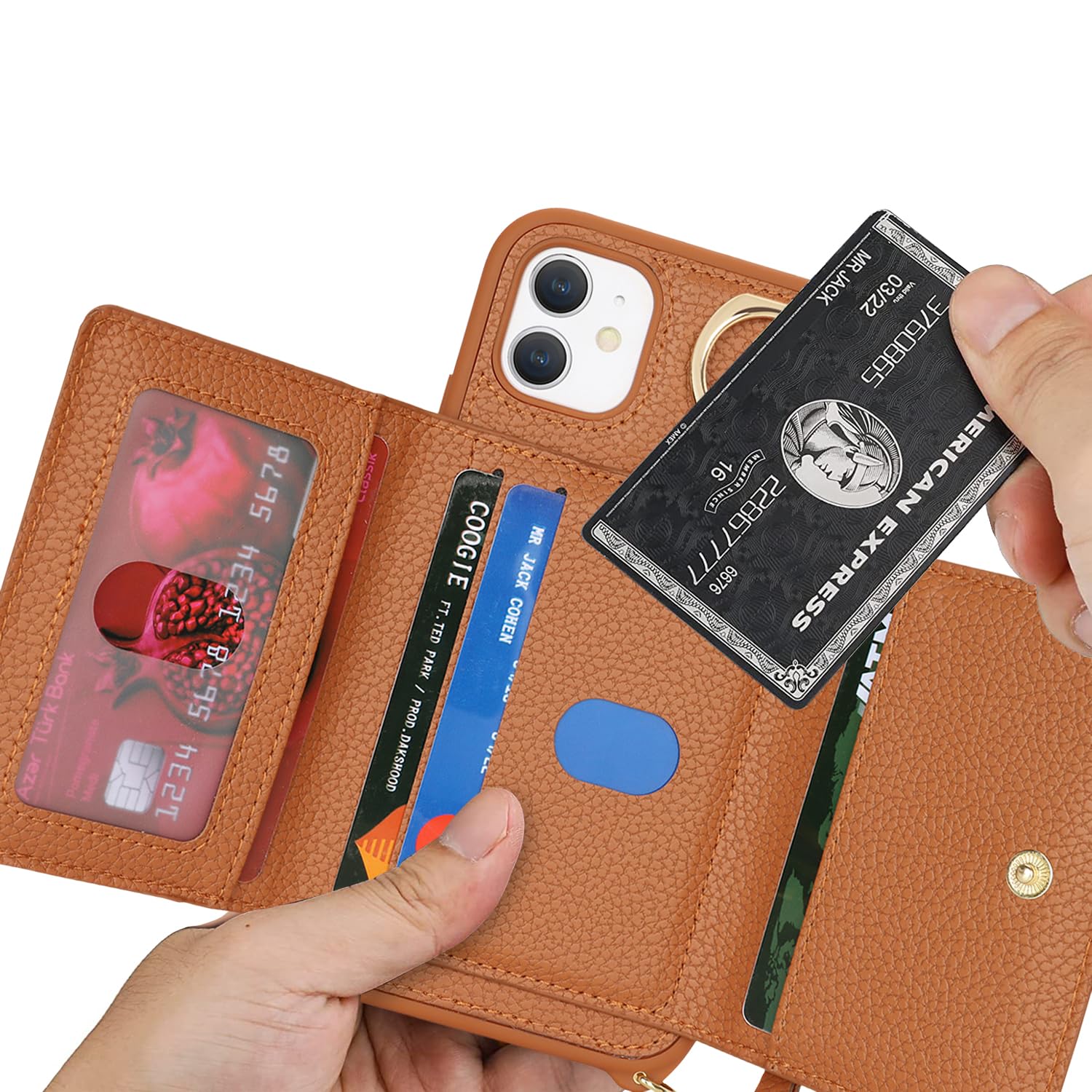 **Premium Leather iPhone 11 Wallet Case with Card Holder, Crossbody Strap & Stand Ring – Zipper Pocket Design for Women (Brown) – Perfect for Travel, Work & Everyday Use**