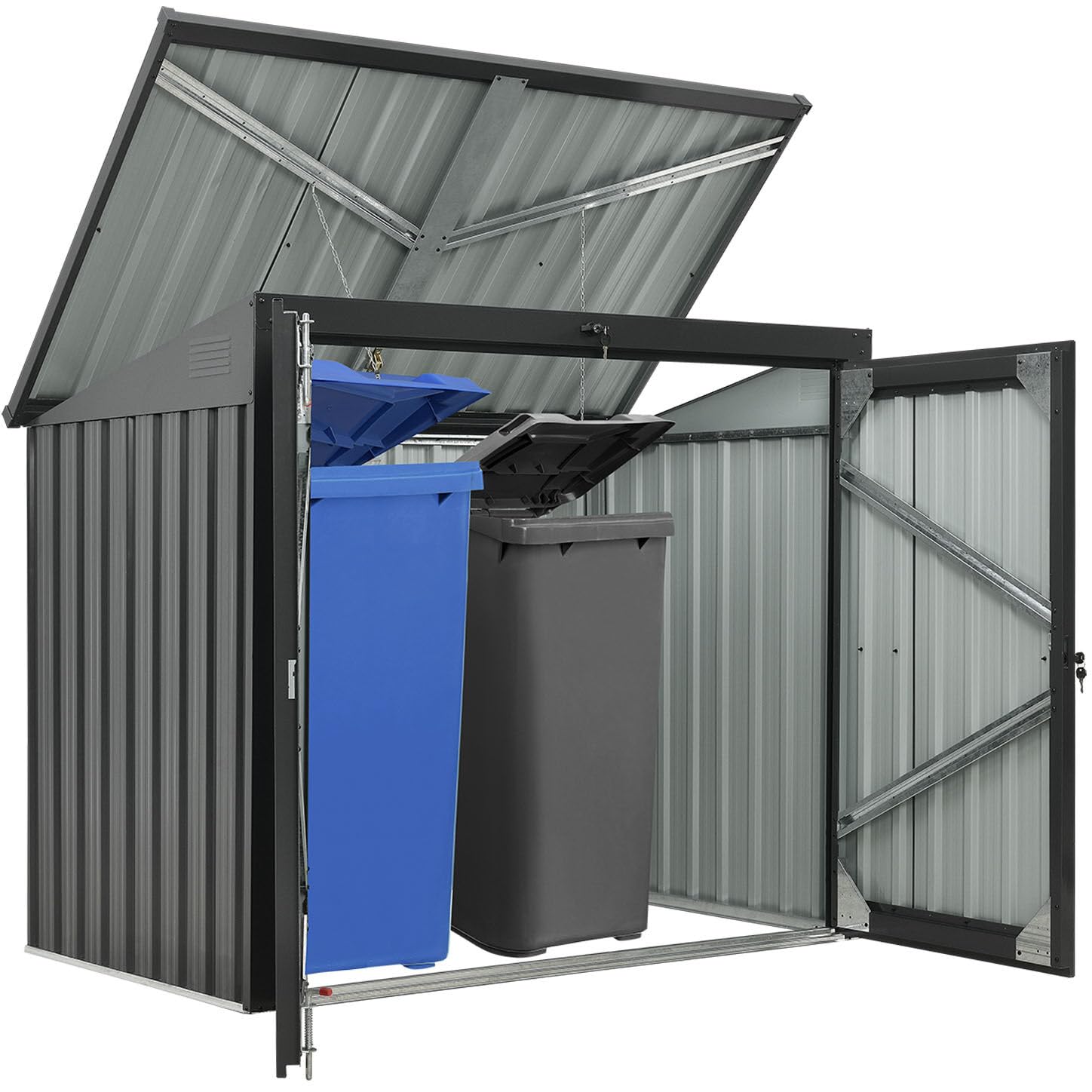 Hanover Outdoor Storage Shed for Trash & Recycling Bins - 3.3x5.2x4.4ft Galvanized Steel Pent Roof Shed with 2-Point Locking System - Holds 2 Trash Cans - Dark Gray Weatherproof Garbage Can Enclosure - Perfect for Backyard, Garage & Side Yard Waste Management