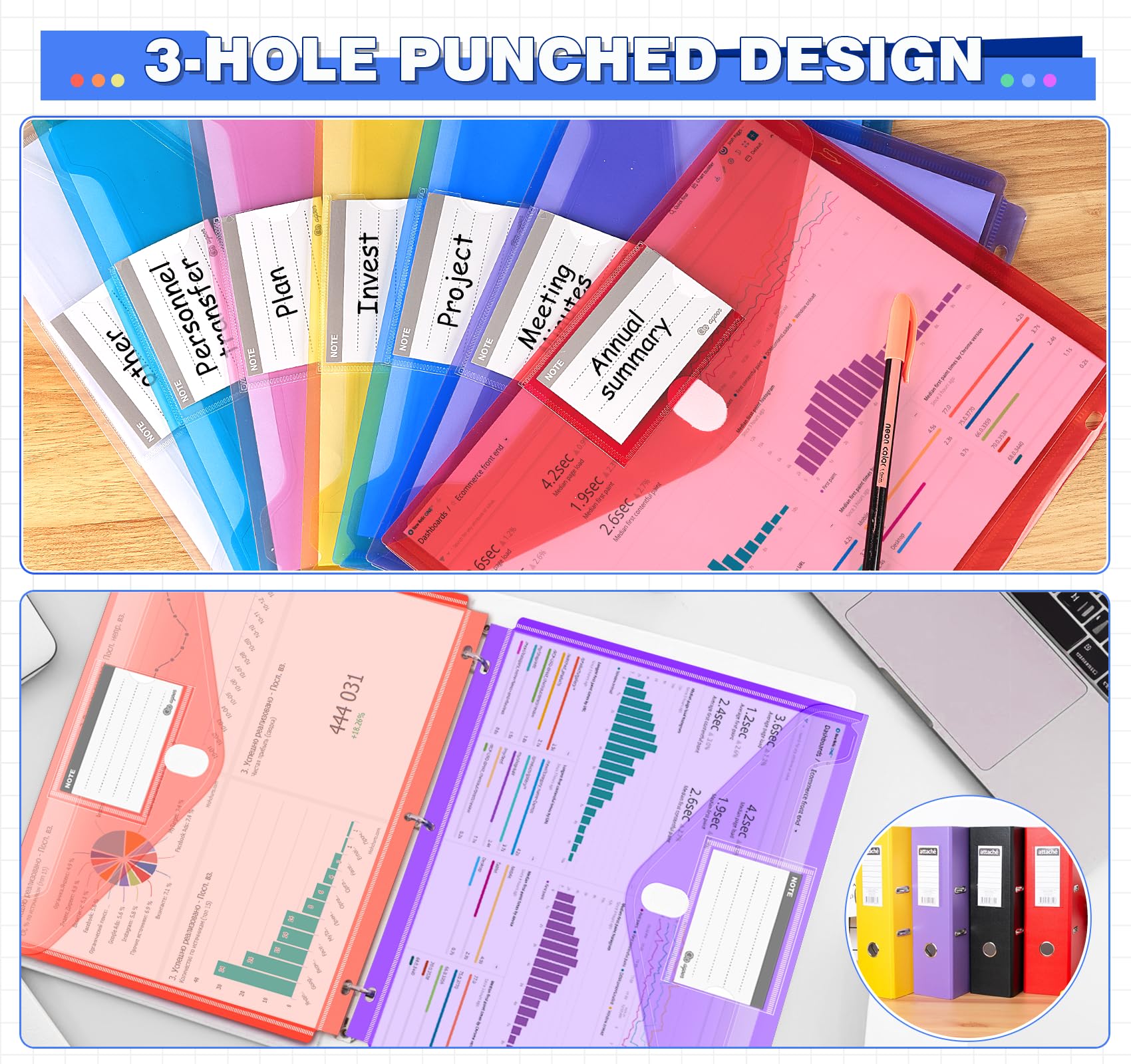 28 PCS Heavy Duty Plastic Binder Folders with Secure Closure & Label Pockets - 3 Ring Side Loading Letter Size File Organizers for School, Home & Office - Perfect for Document Storage, Paper Organization & Filing Systems