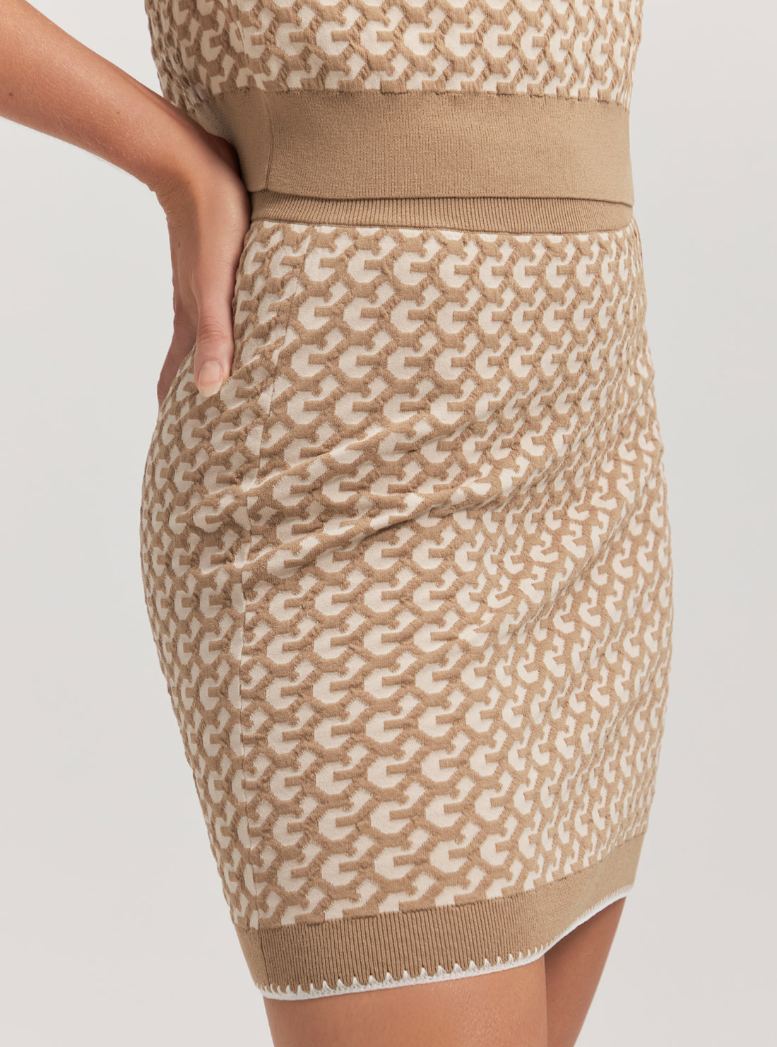 Beige Ashley Monogram Knit Mini Skirt - Women's Fashion Stretch Fit Skater Skirt for Casual Outings & Date Nights