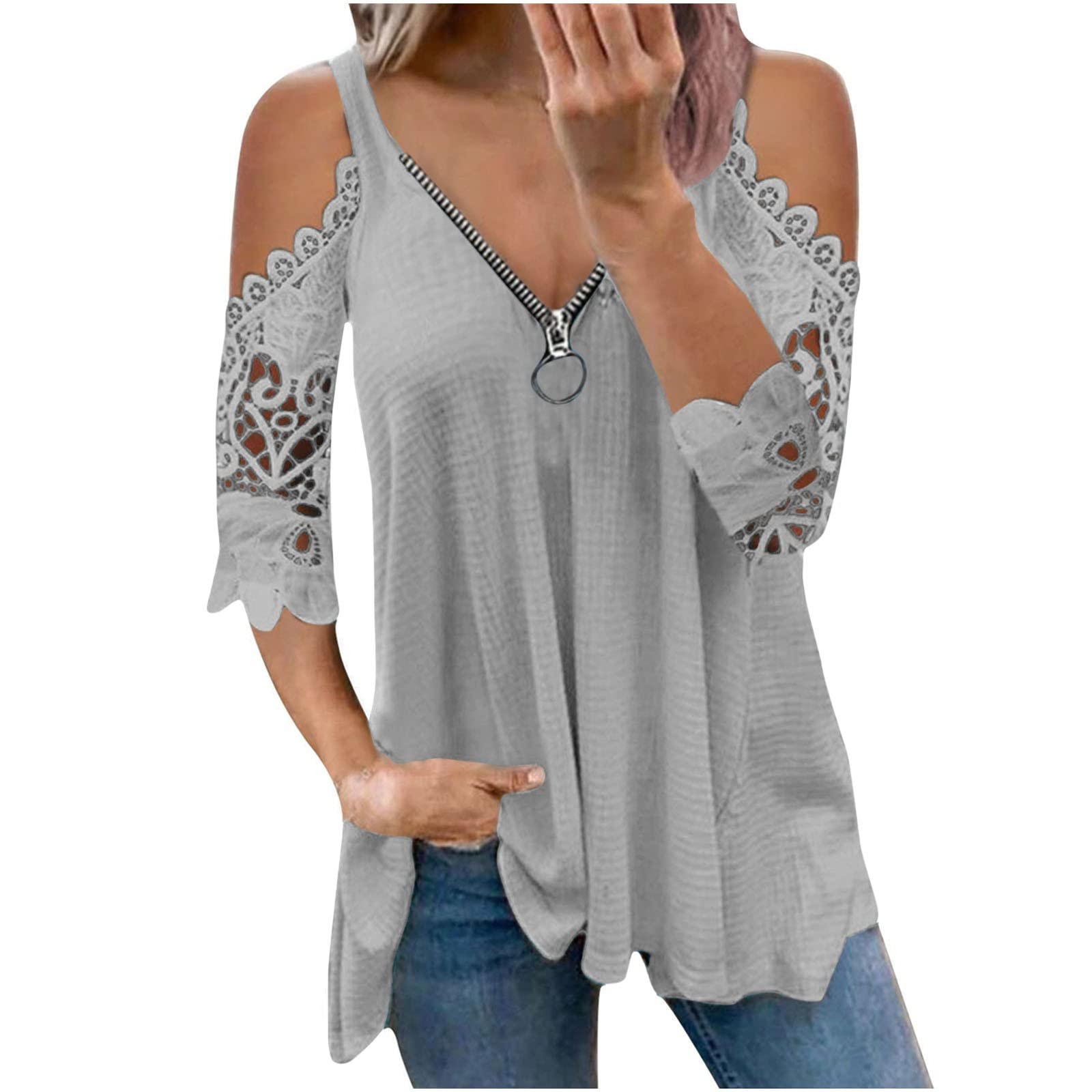 Plus Size Women's V Neck Cold Shoulder Lace Half Sleeve Summer Blouse - Flowy Loose Fit Zipper T-Shirt Top for Casual Outings & Beach Wear