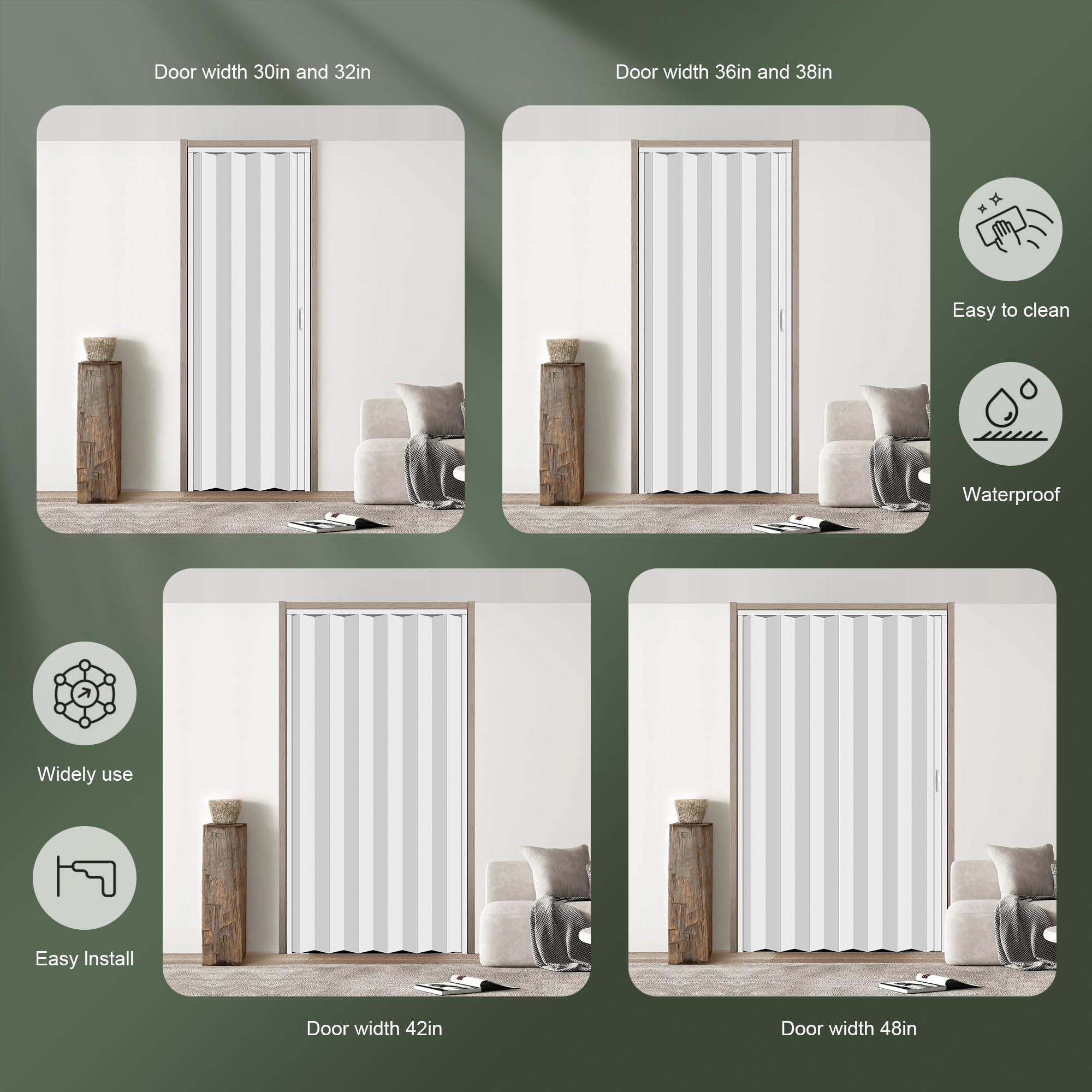 30×80 Inch White PVC Indoor Accordion Folding Door - Cabinet Internal Partition with Handle & Latch | Includes Installation Hardware | Perfect for Closets, Pantries & Room Dividers