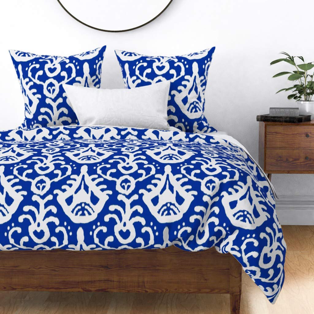 Cobalt Blue Ikat Damask Cotton Sateen Duvet Cover for King/California King Size - Modern Boho Abstract Beach Print Custom Bedding | Perfect for Coastal, Eclectic & Contemporary Bedroom Decor